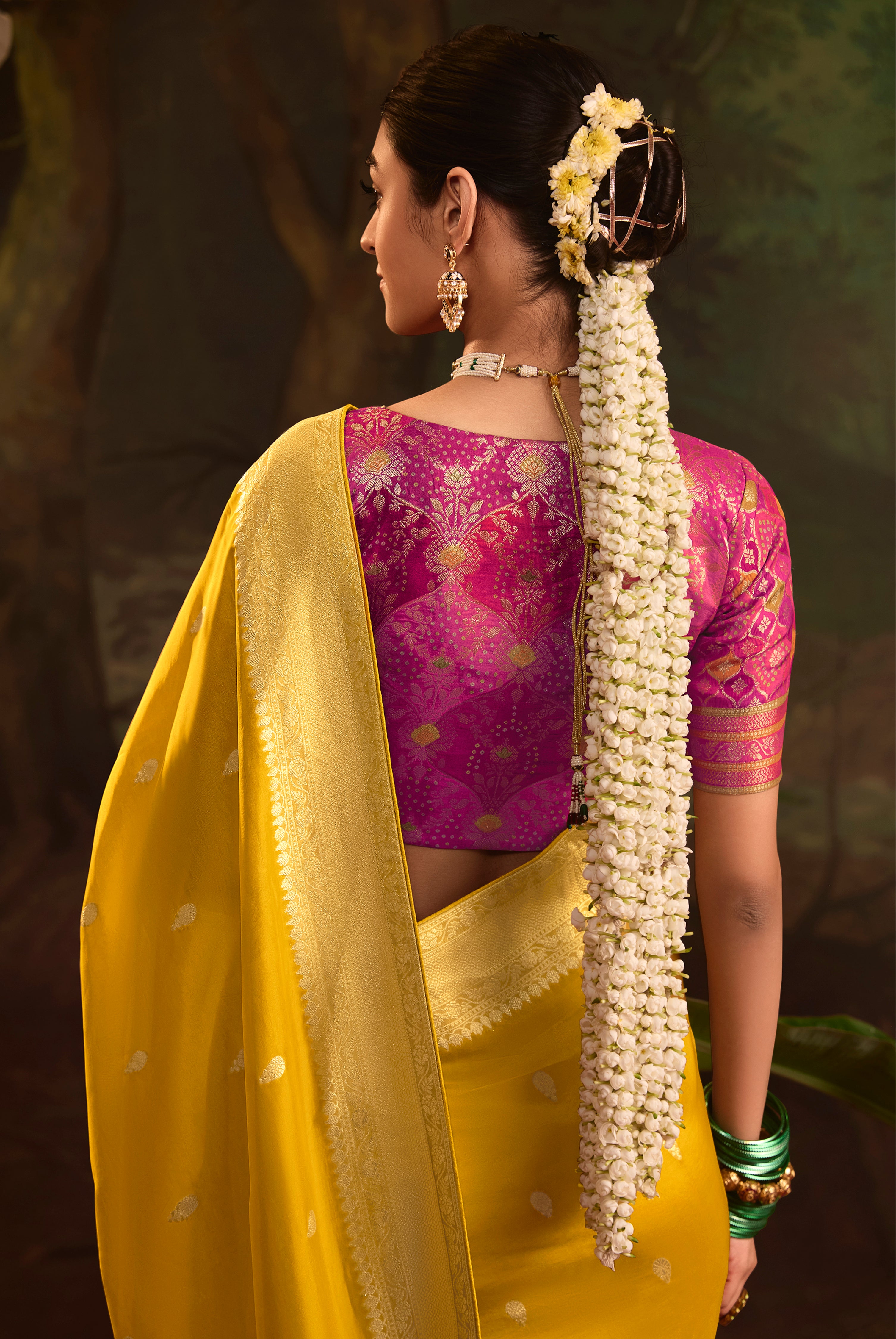 Mustard Pure Crepe Dola Silk Saree With Jacquard Woven Work