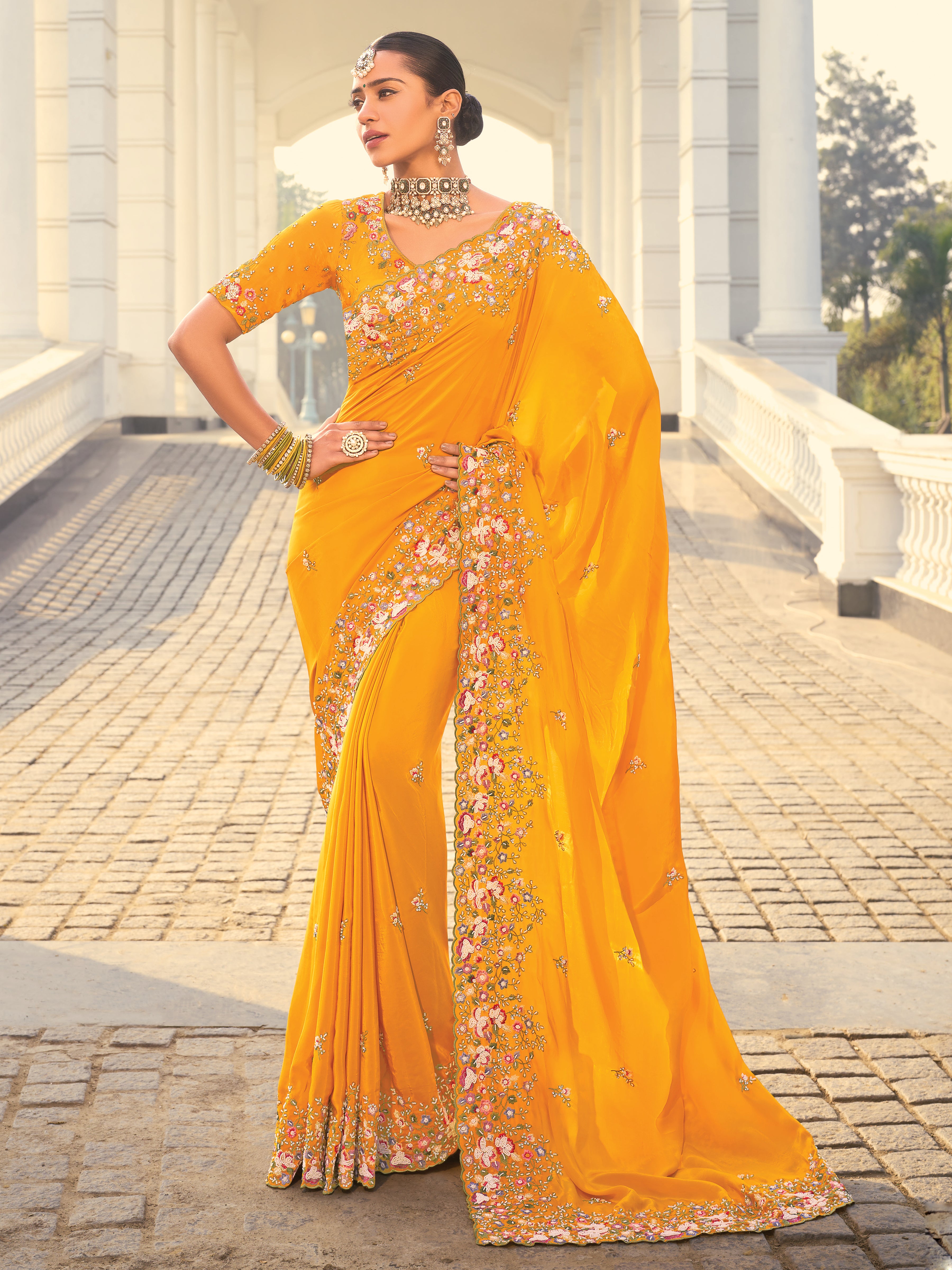 Mustard Pure Crepe Saree With Embroidery Work