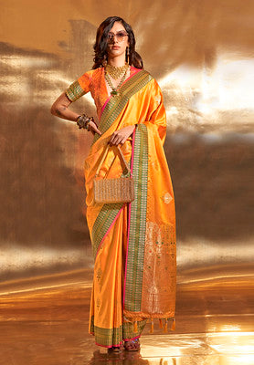 Mustard Pure Satin Silk Saree With Jacquard Woven Work