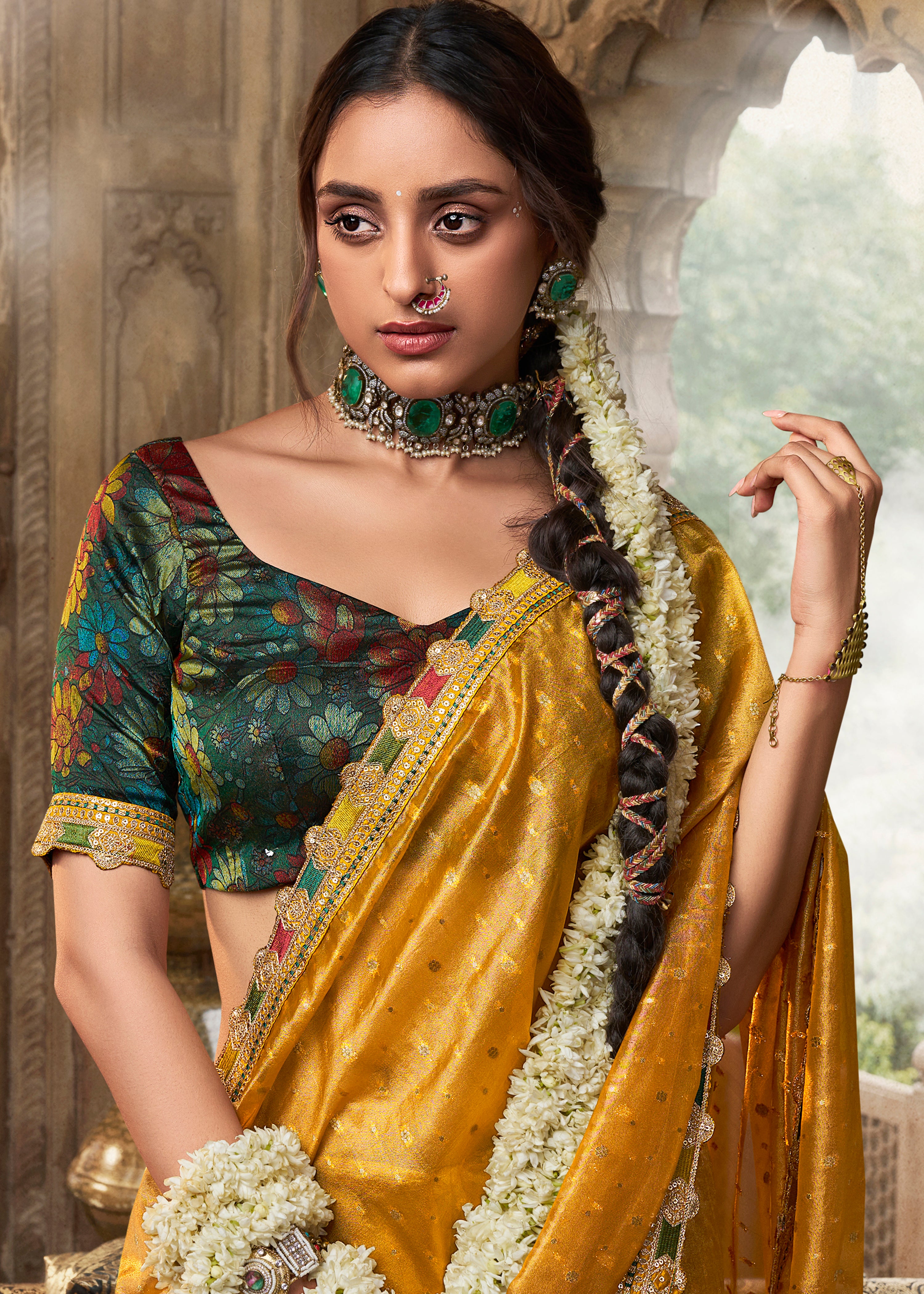 Mustard Pure Tissue Saree with Multicolored Lace Border