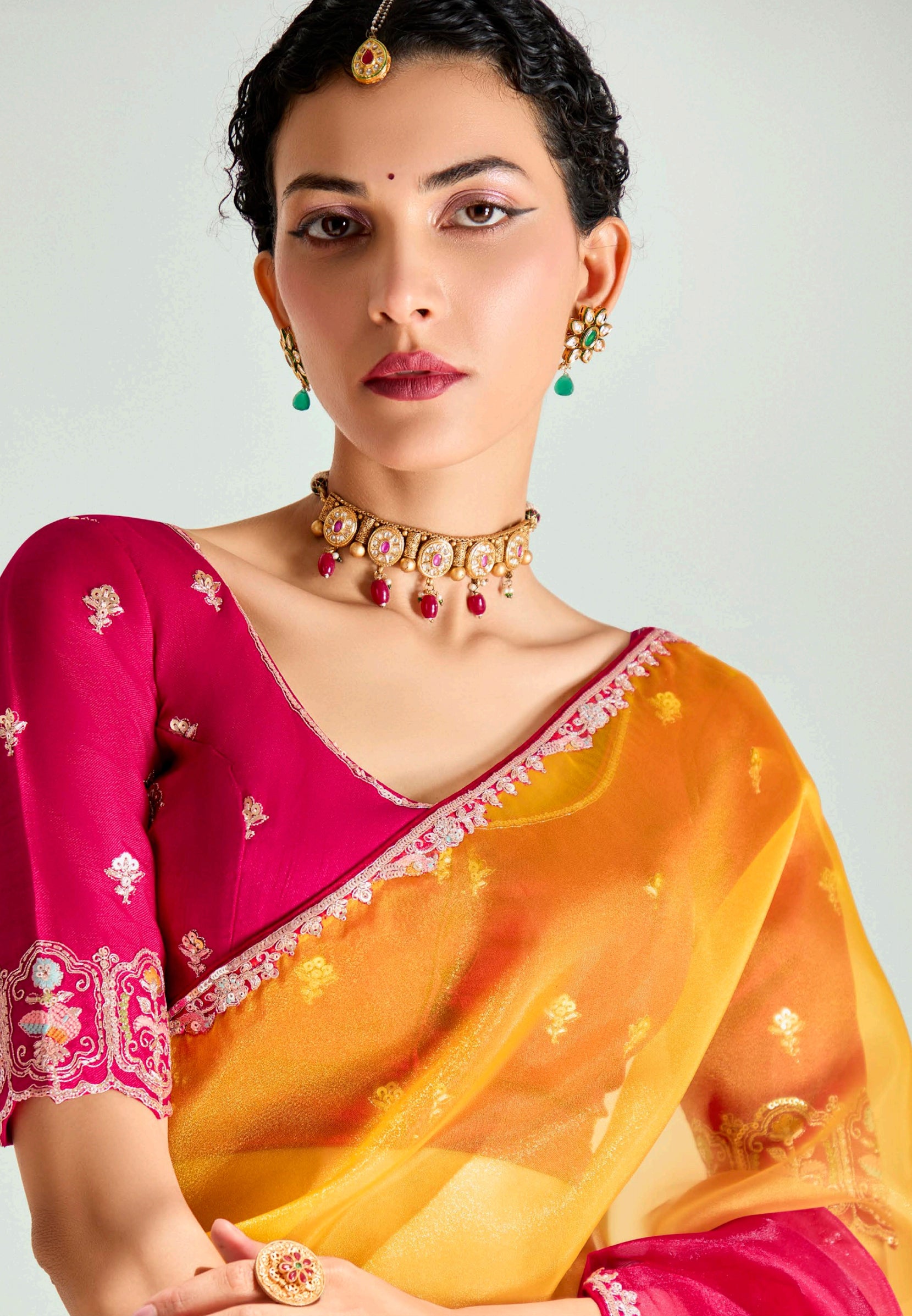 Mustard Rani Organza Saree with Embroidered Blouse