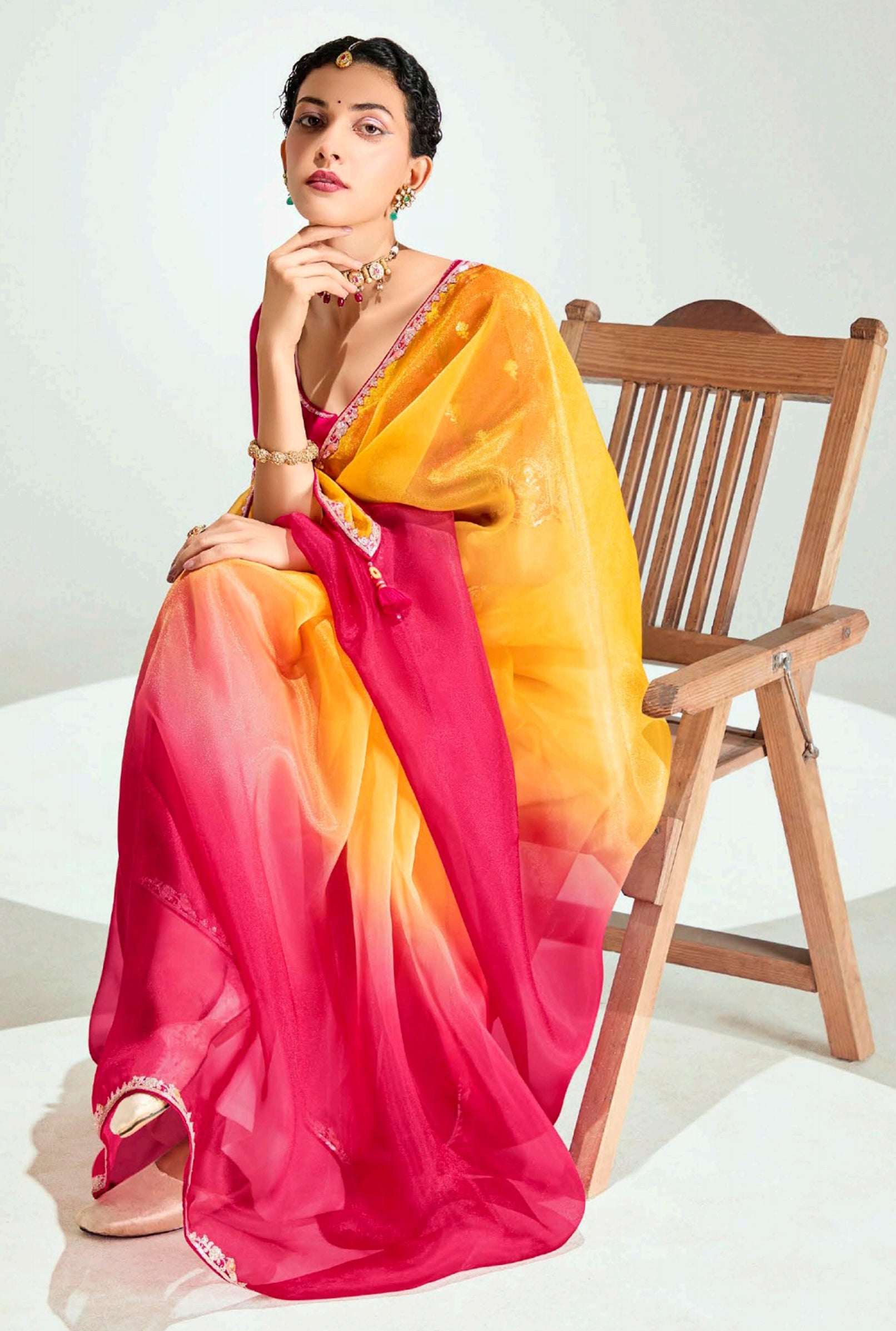 Mustard Rani Organza Saree with Embroidered Blouse