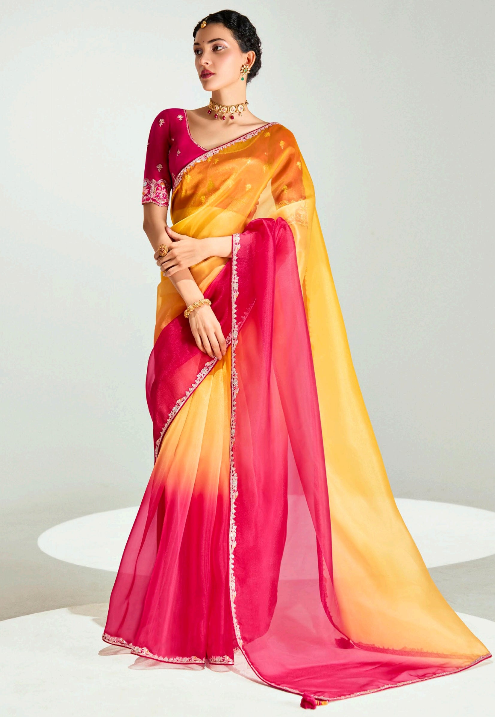 Mustard Rani Organza Saree with Embroidered Blouse