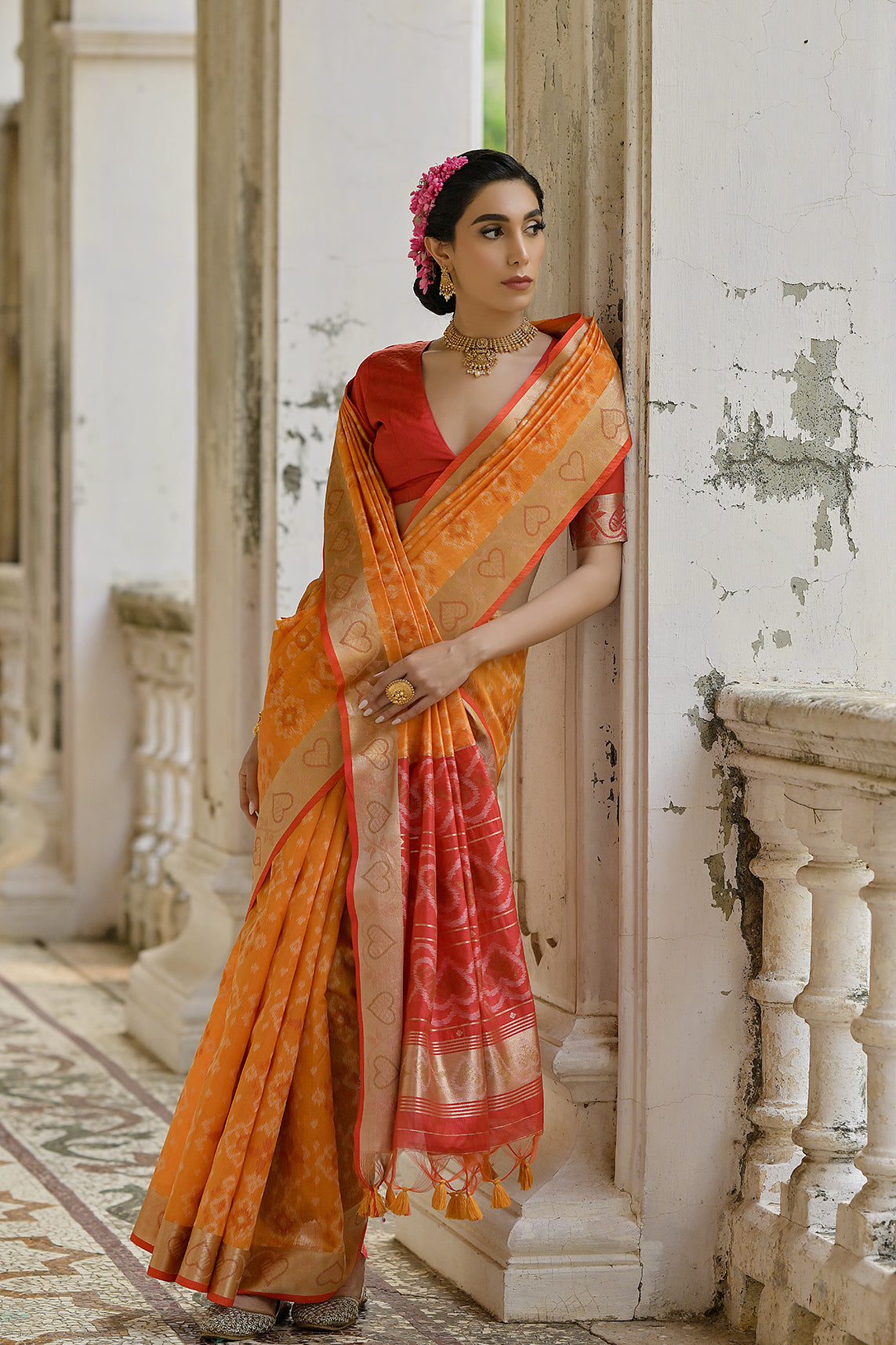 Mustard Raw Silk Saree with Ikkat Design and Contrast Pallu