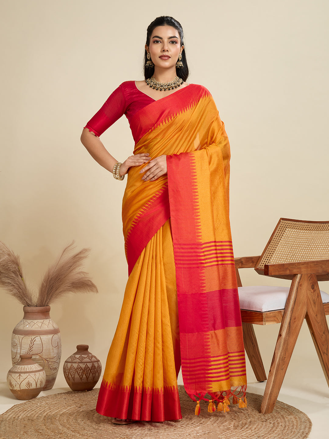Mustard Raw Silk Saree with Temple Border and Striped Pallu