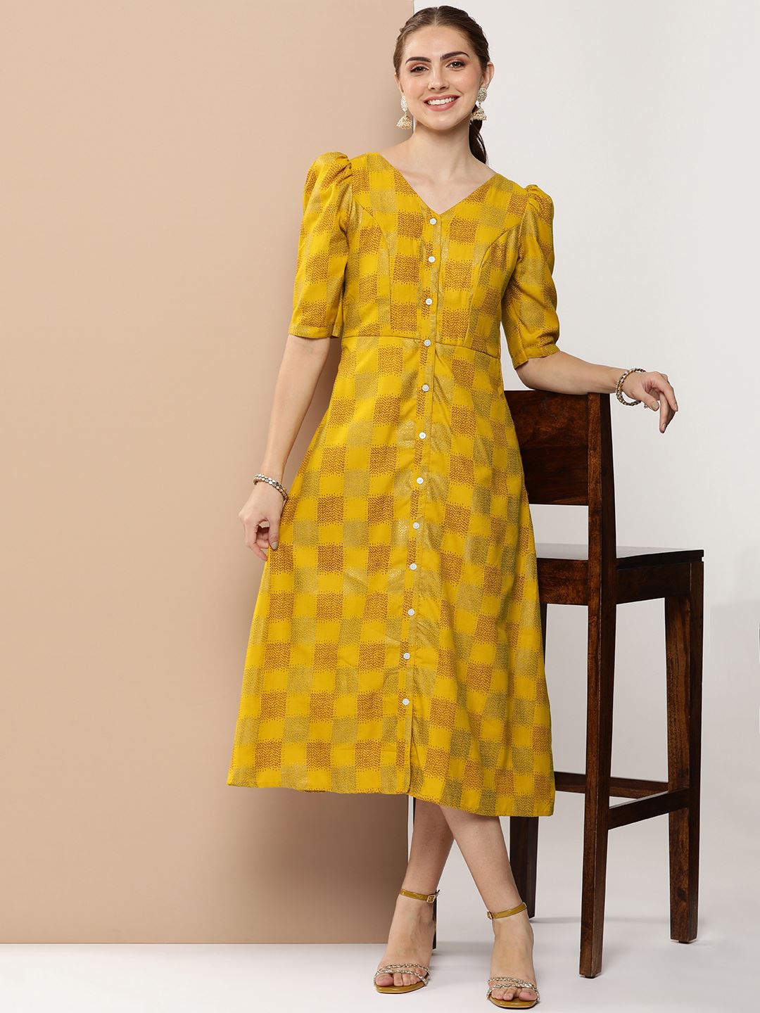 Mustard Rayon Dress With Plain and Foil Print