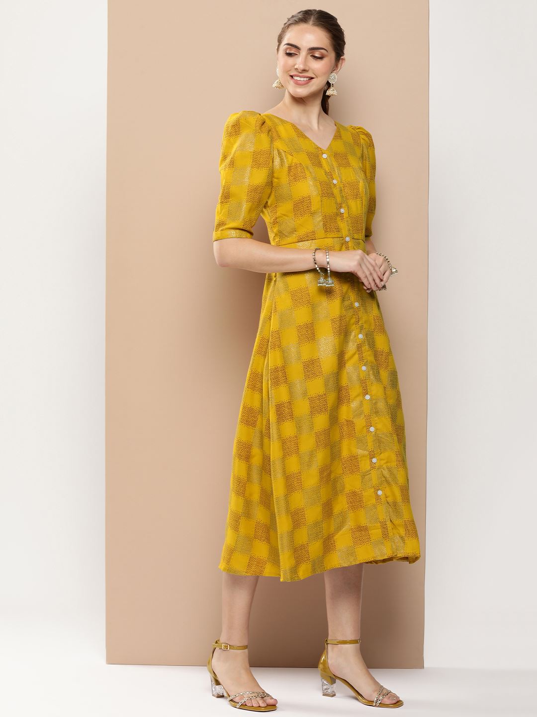Mustard Rayon Dress With Plain and Foil Print