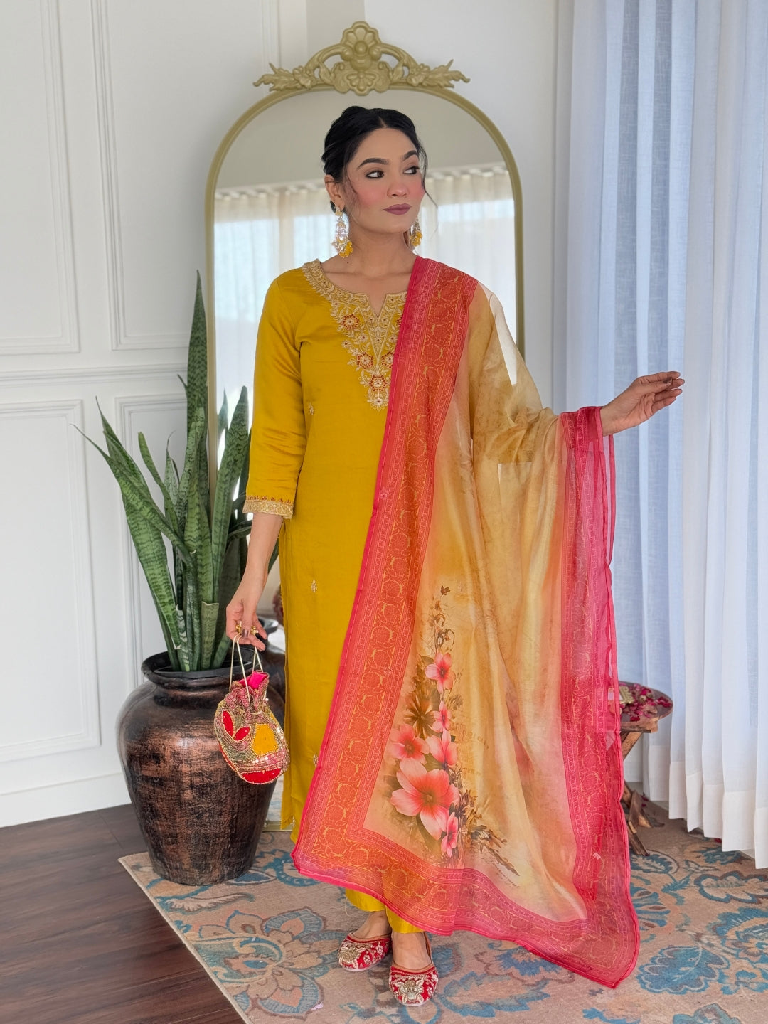 Mustard Rayon Elegant Kurta Pant Set With Embroidery Work