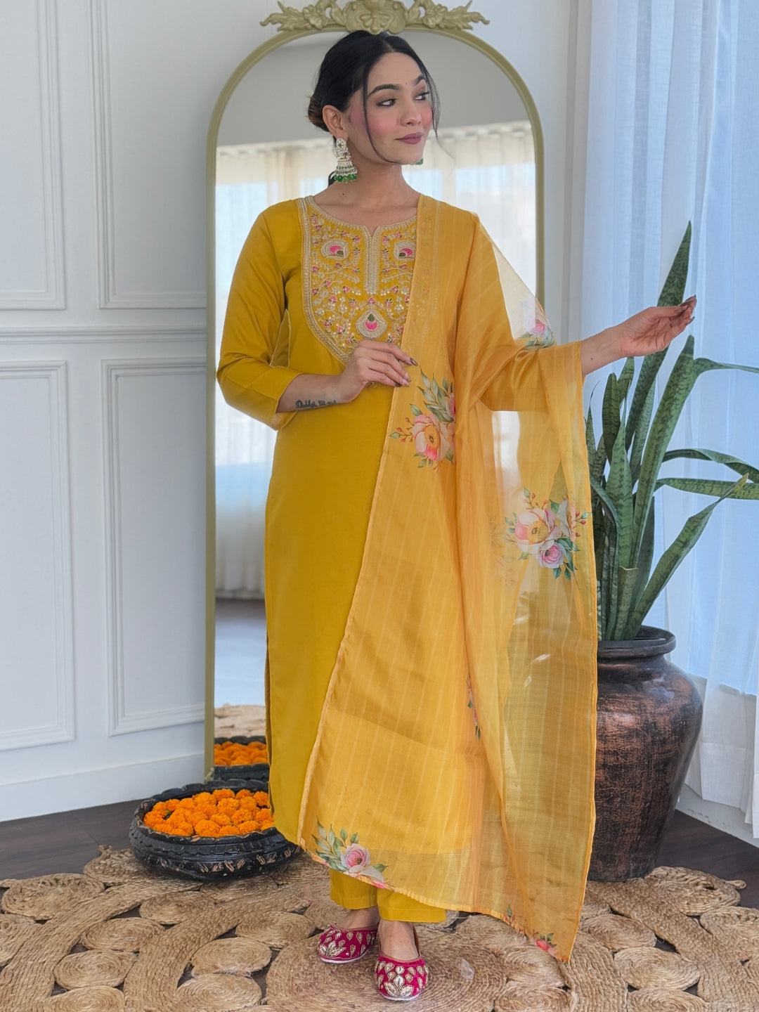 Mustard Rayon Elegant Kurta Pant Set With Embroidery Work