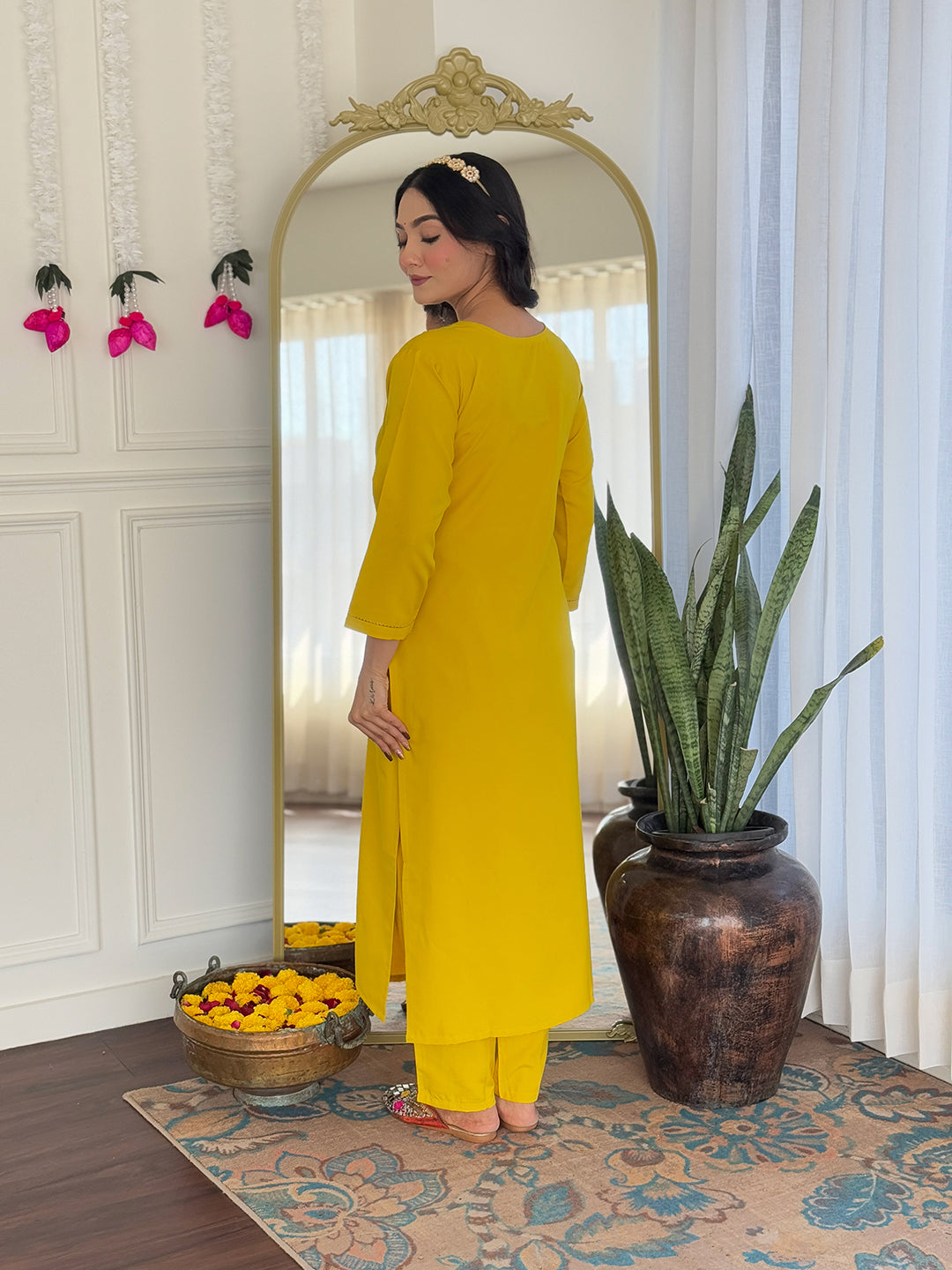 Mustard Rayon Kurta Pant Set With Embroidery Work