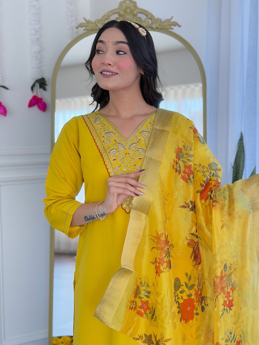 Mustard Rayon Kurta Pant Set With Embroidery Work