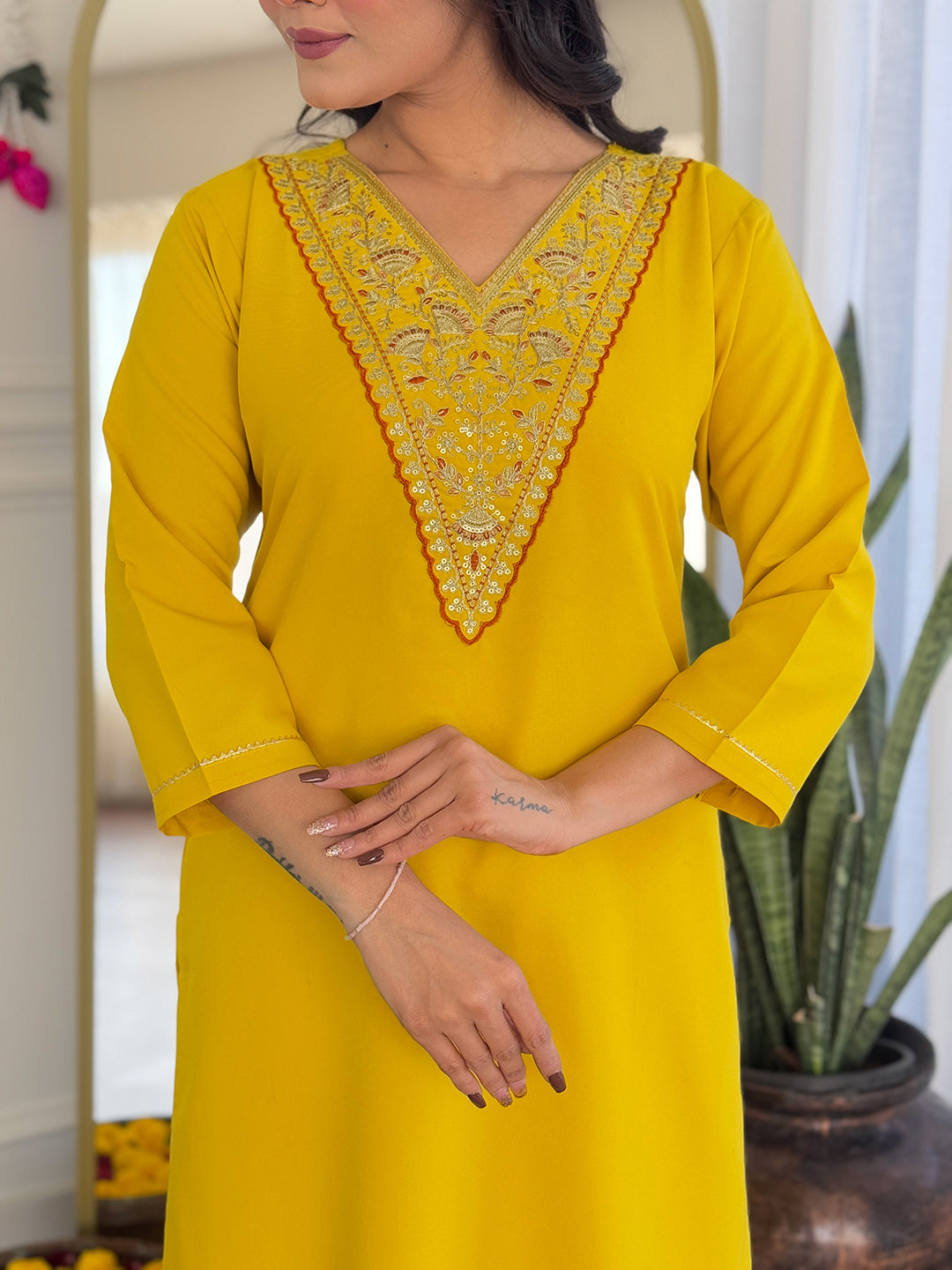 Mustard Rayon Kurta Pant Set With Embroidery Work