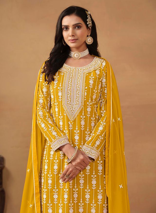 Mustard Salwar Kameez With Thread Emboirdered Work