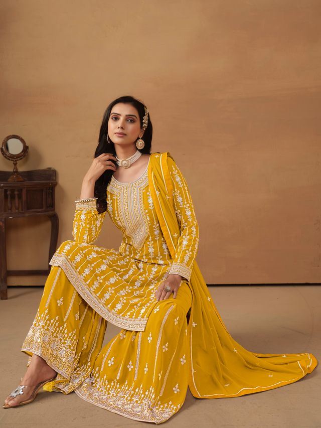 Mustard Salwar Kameez With Thread Emboirdered Work