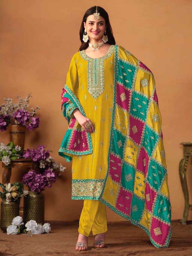 Mustard Salwar Kameez With Thread Emboirdered Work