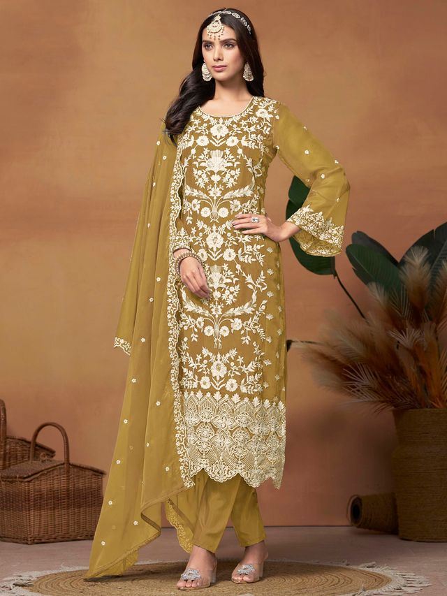 Mustard Salwar Kameez With Thread Emboirdered Work