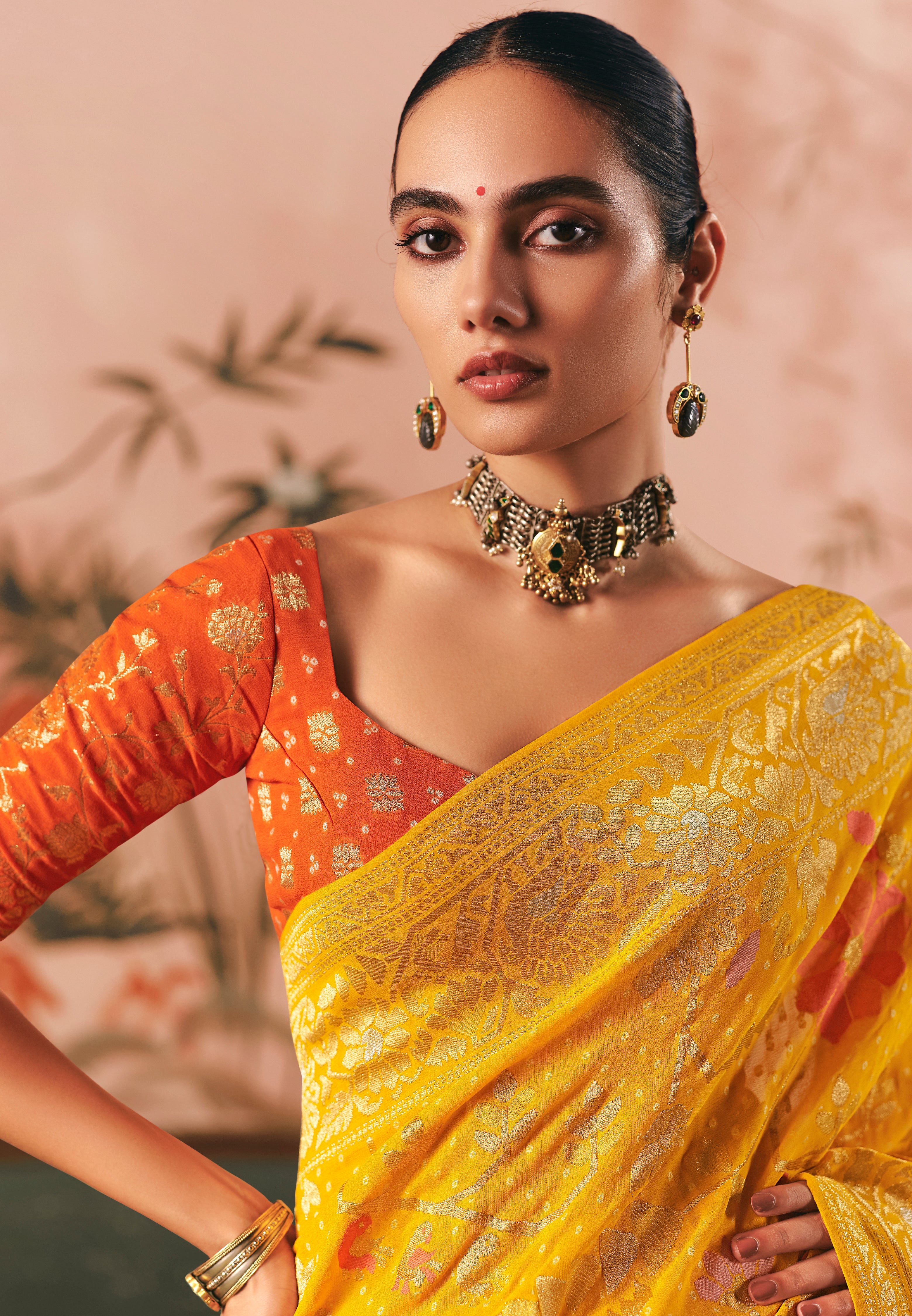 Mustard Saree With Designer Bandhej Weaving Work With Beutifull Tassles Attached
