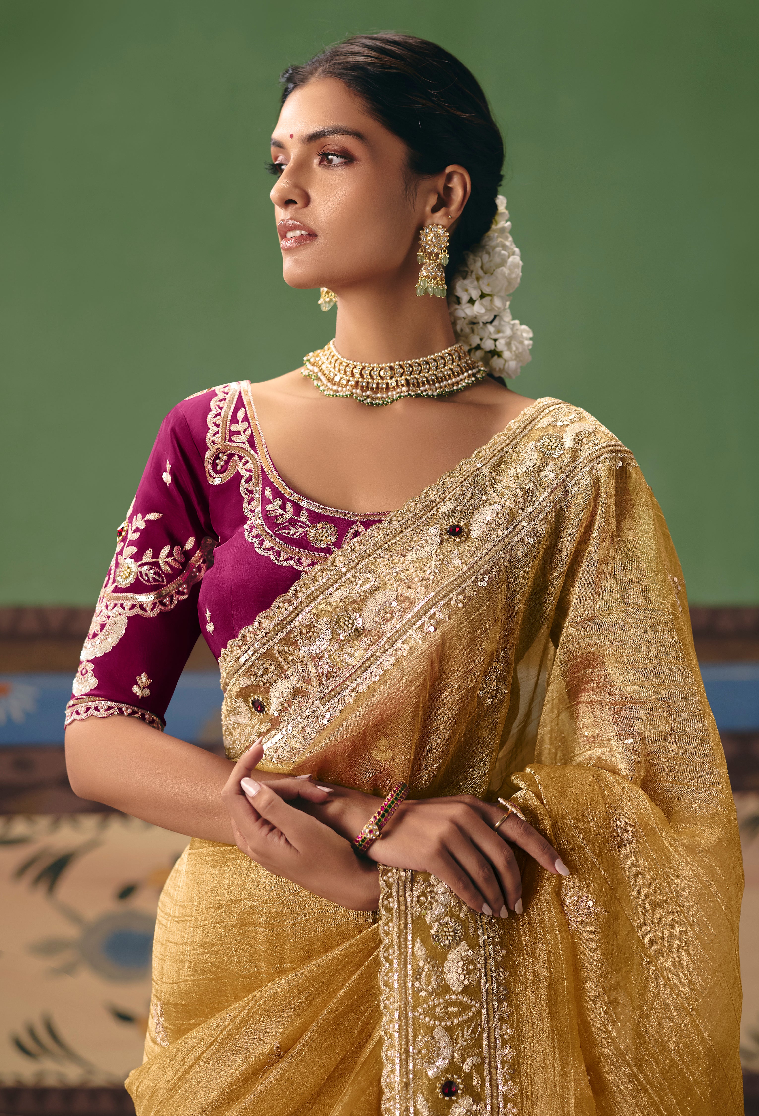 Mustard Saree With Heavy Designer Embroidery, Sequince, Stone, Pearl With Beads Work