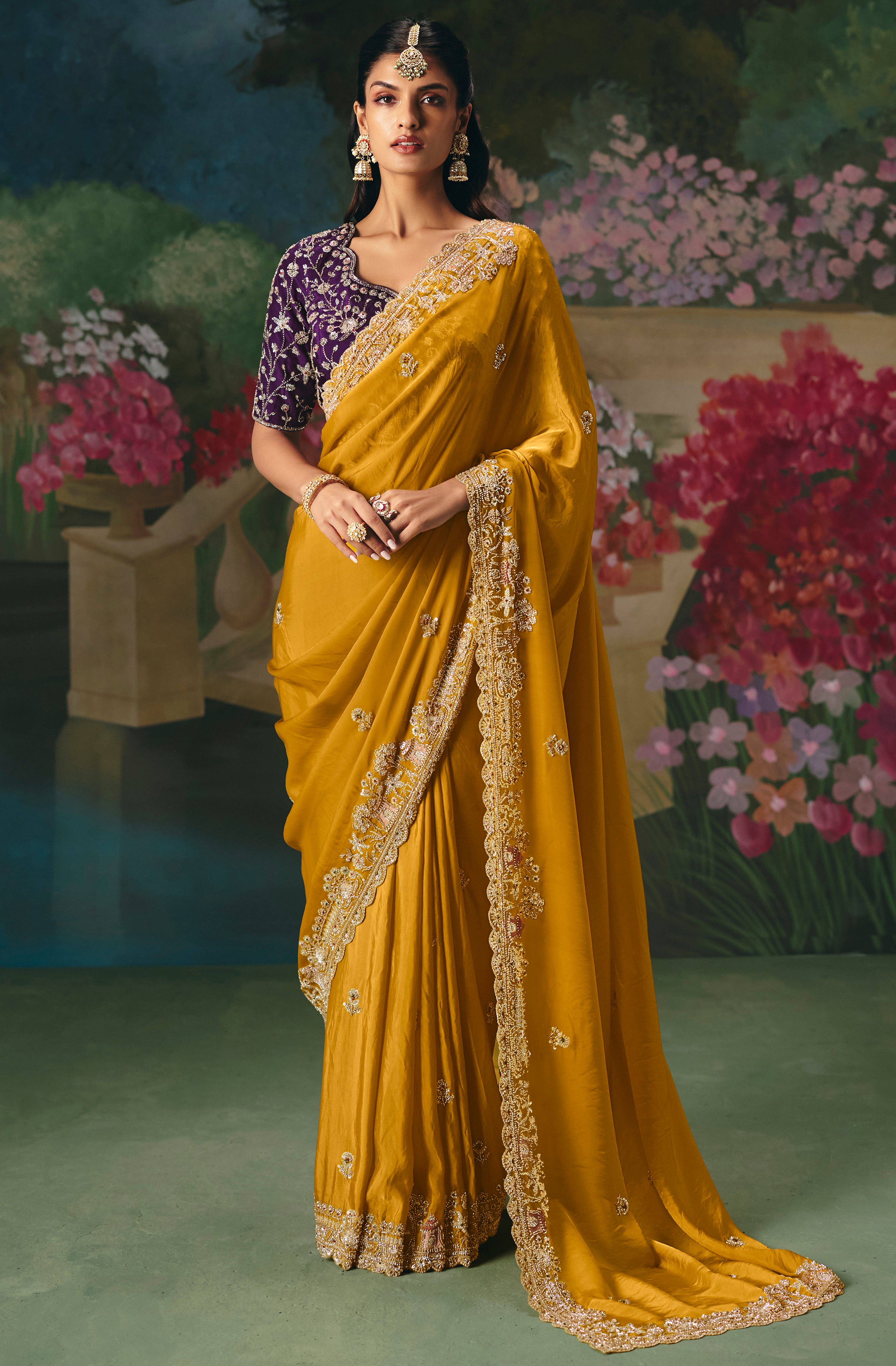 Mustard Saree With Heavy Designer Embroidery, Sequince, Stone, With Beads Work