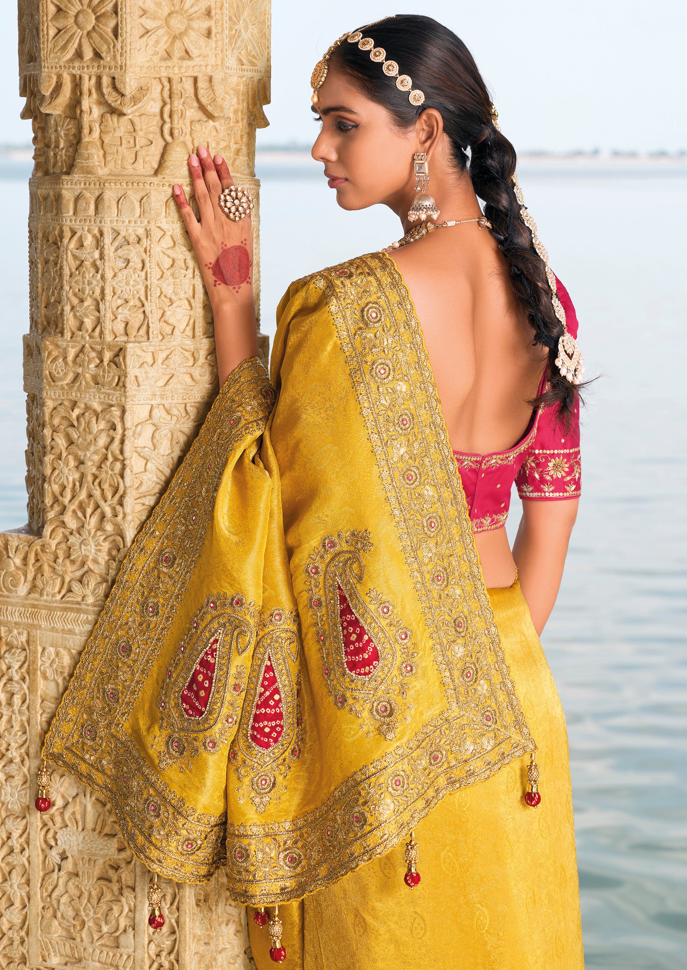 Mustard Saree With Heavy Embroidered Work