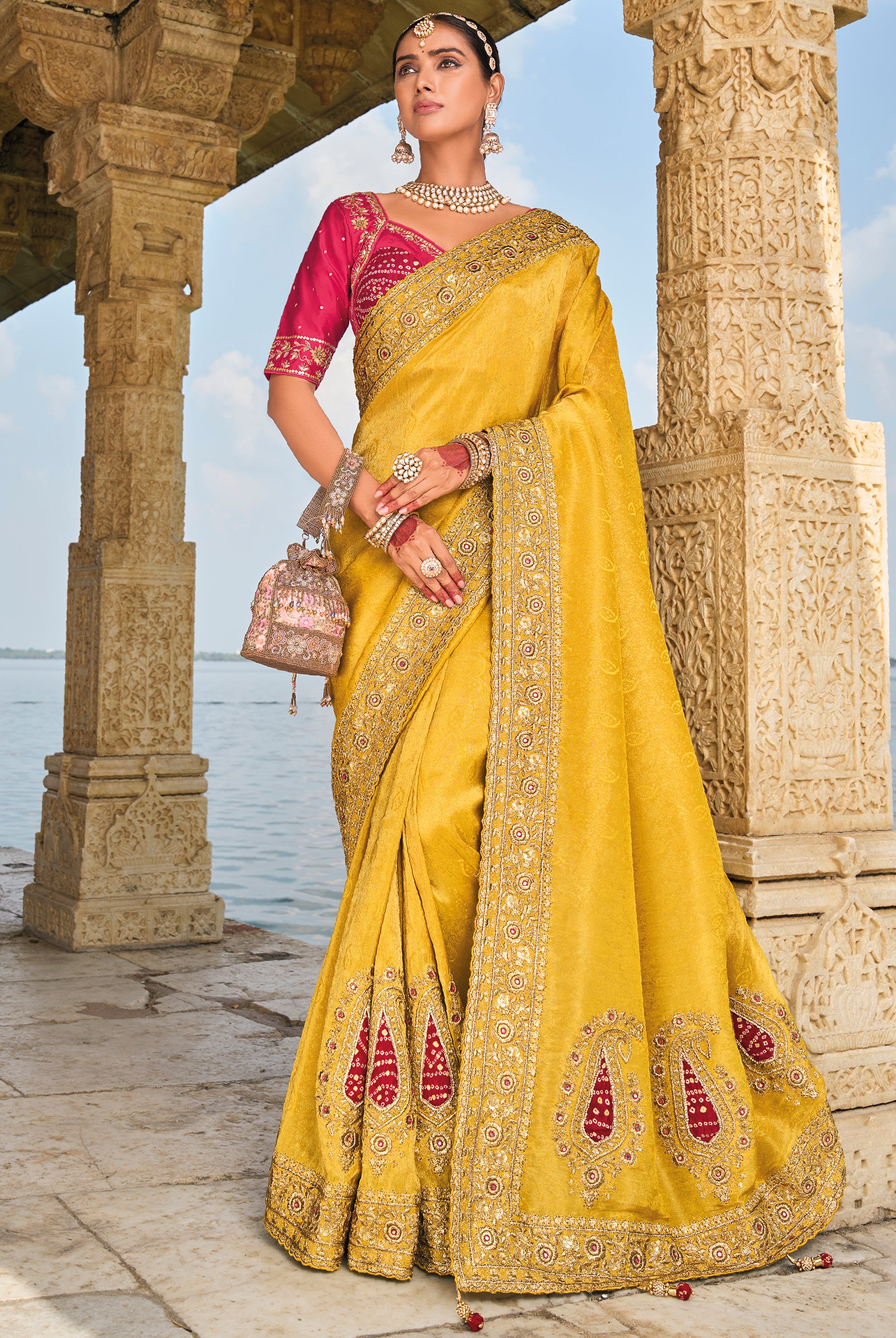 Mustard Saree With Heavy Embroidered Work
