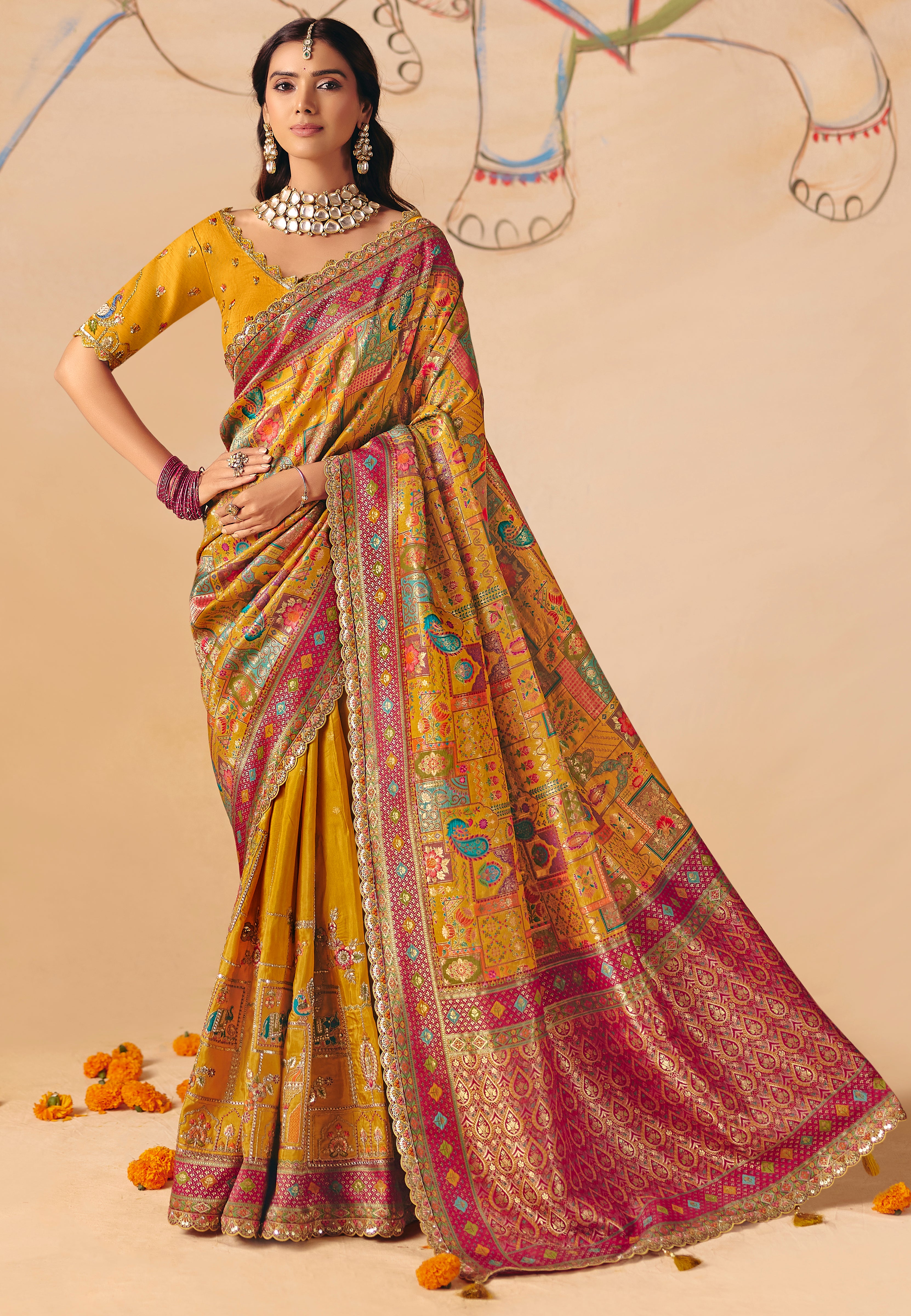 Mustard Saree With Heavy Embroidery, Sequin, Thread, and Stone Work On Patli & Cutwork Lace With Heavy Work Blouse