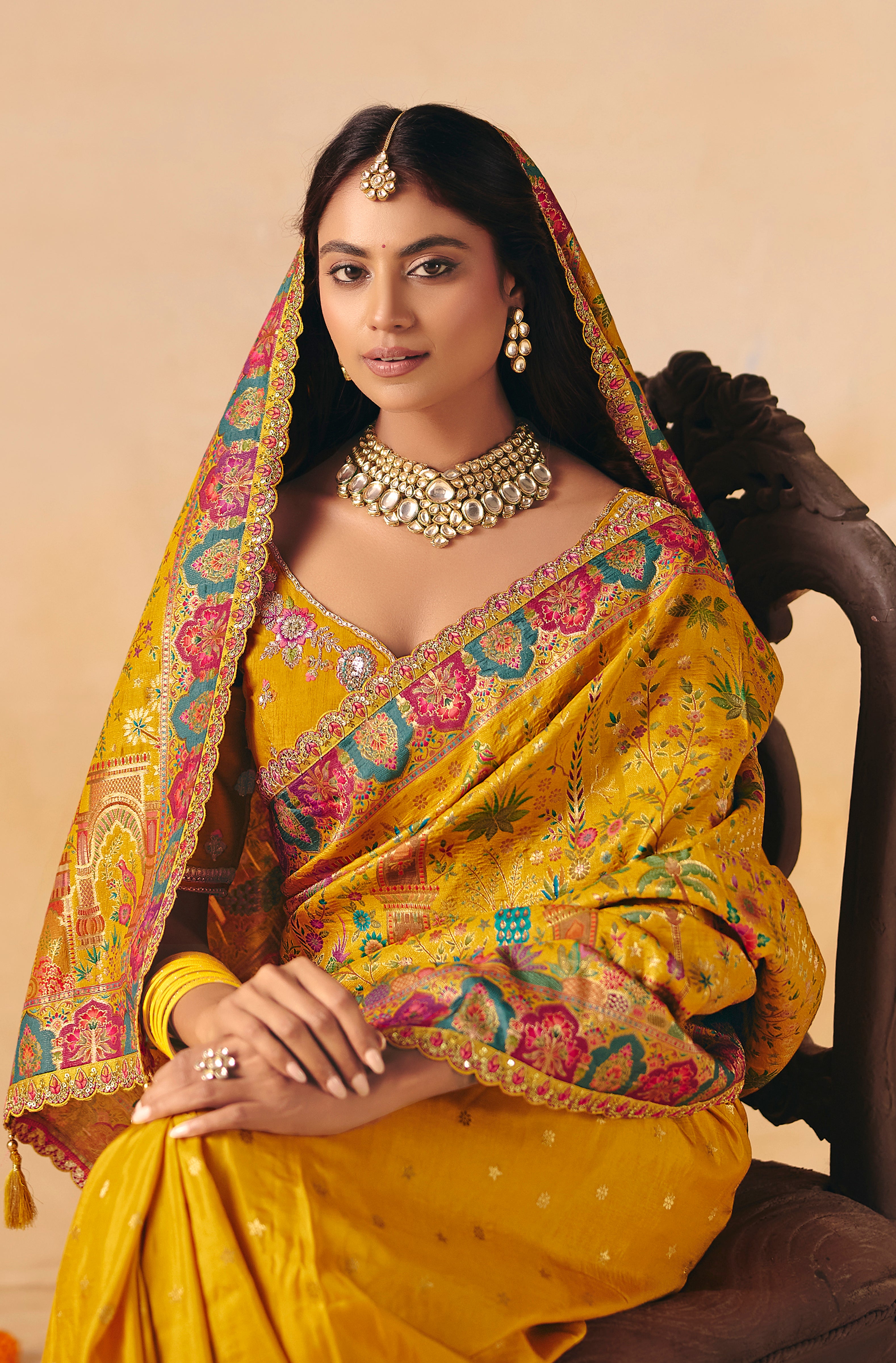 Mustard Saree With Heavy Embroidery, Sequin, Thread, and Stone Work On Patli & Cutwork Lace With Heavy Work Blouse