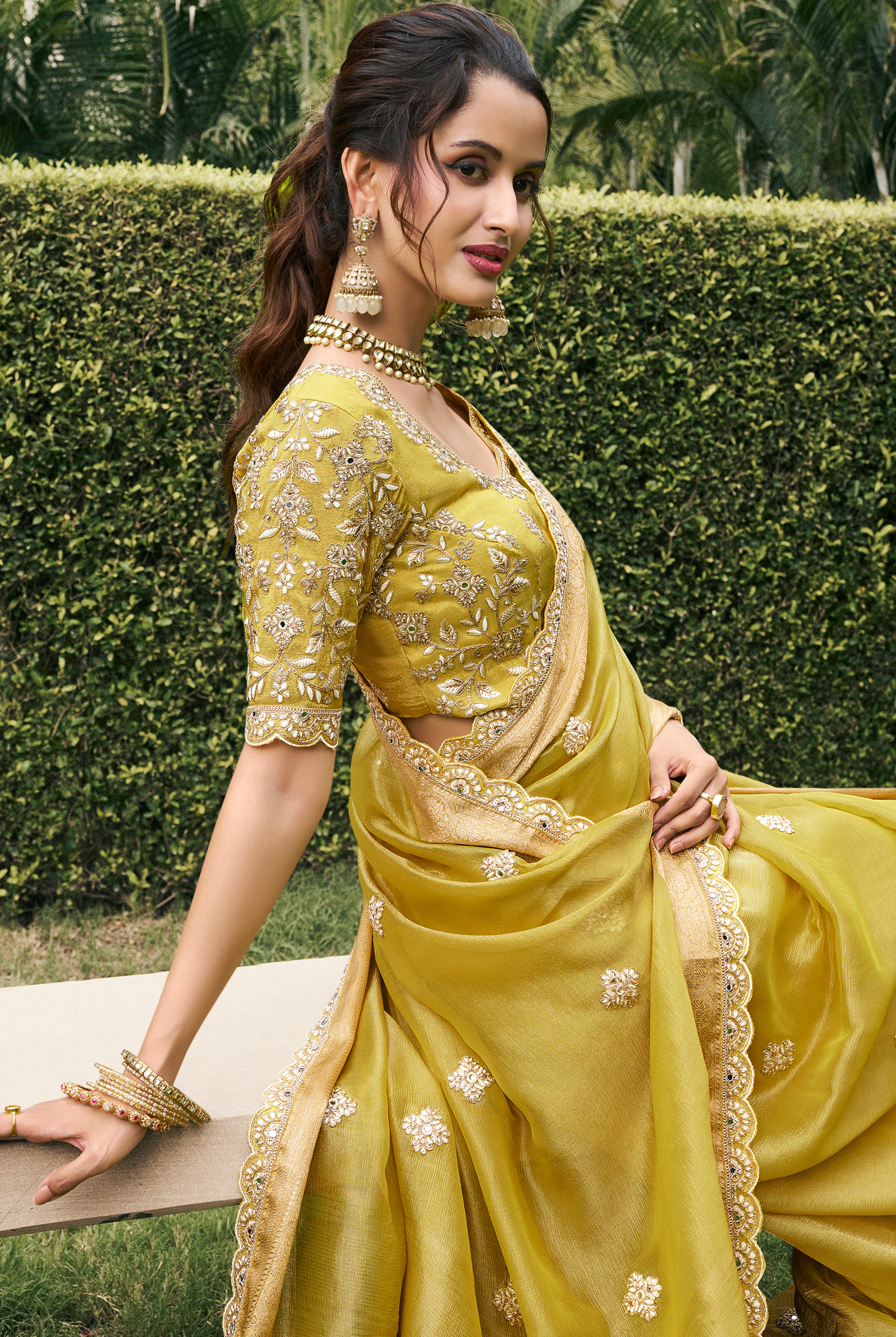 Mustard Saree With Heavy Thread Embroidery, Stone, Pearl, Real Mirror Work