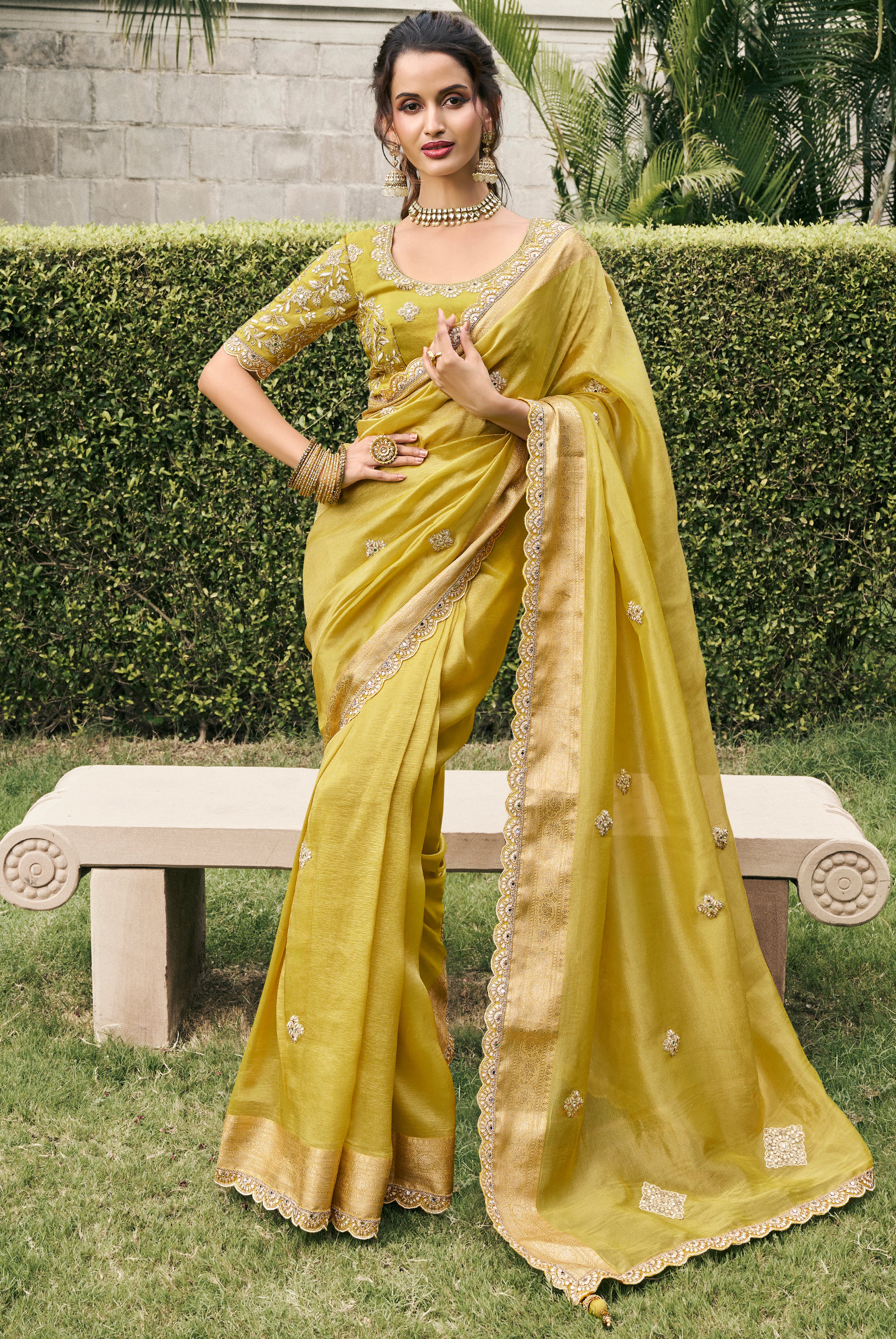 Mustard Saree With Heavy Thread Embroidery, Stone, Pearl, Real Mirror Work