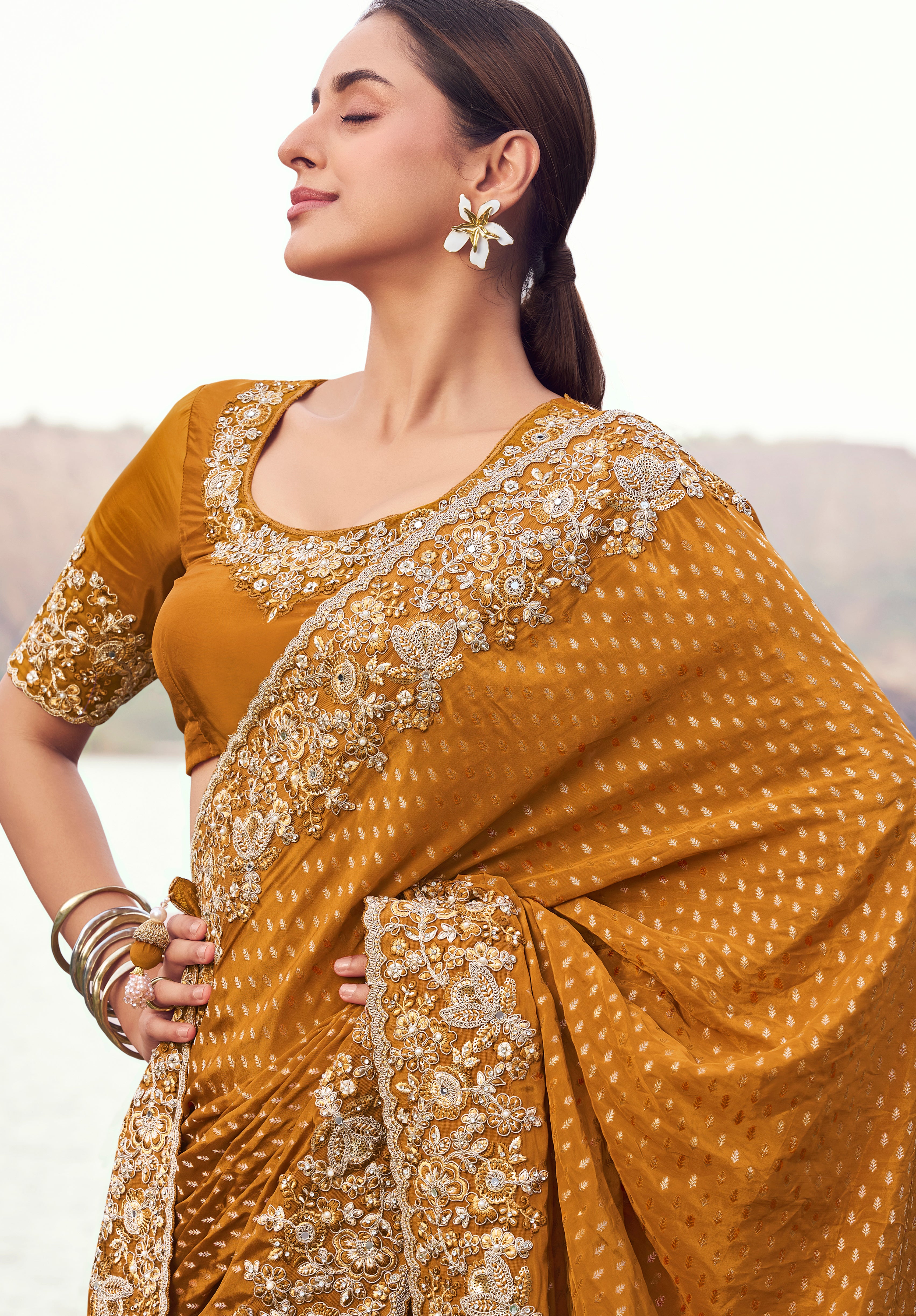 Mustard Saree With Jacquard Woven With Embroidered Border & Blouse