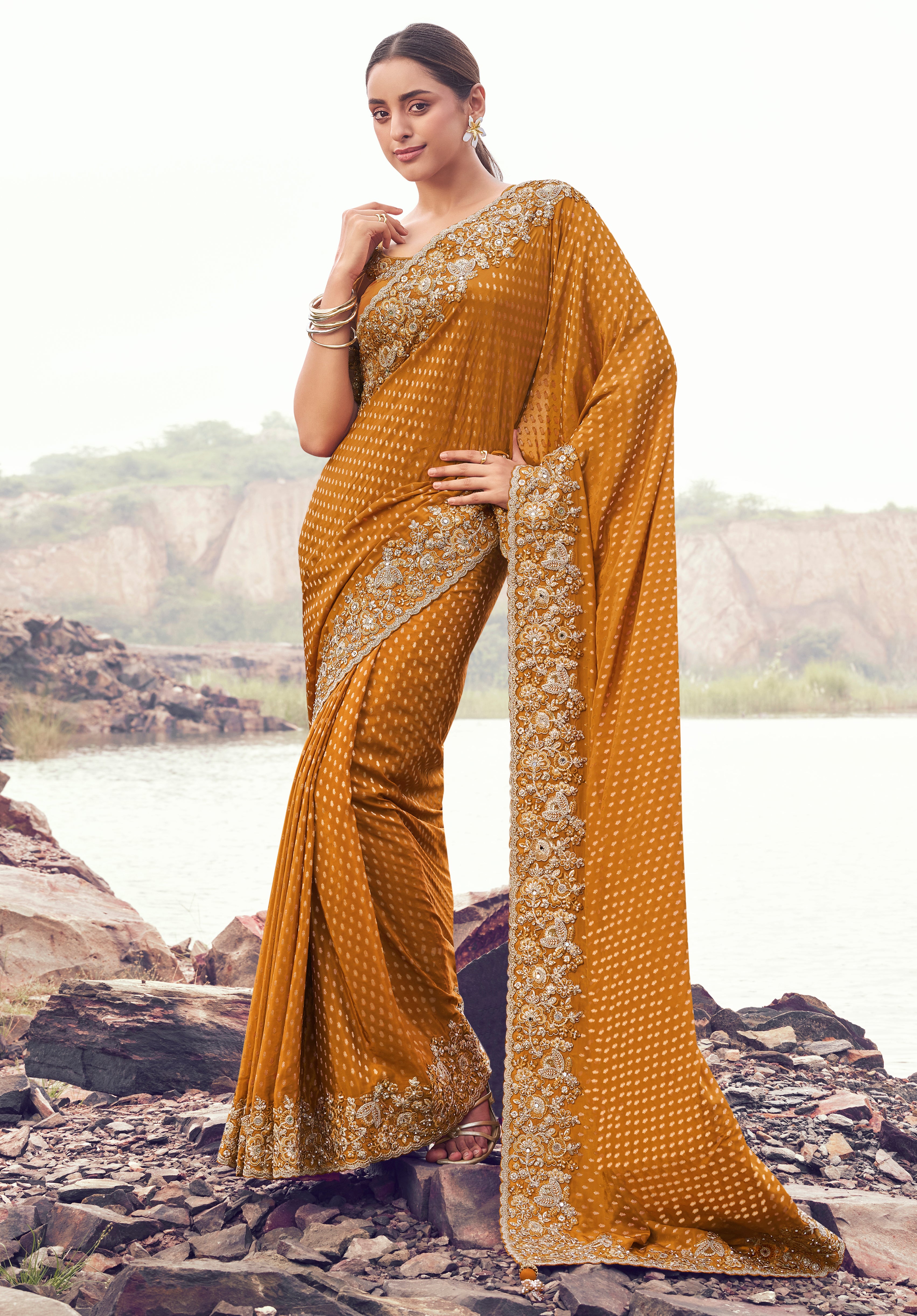 Mustard Saree With Jacquard Woven With Embroidered Border & Blouse
