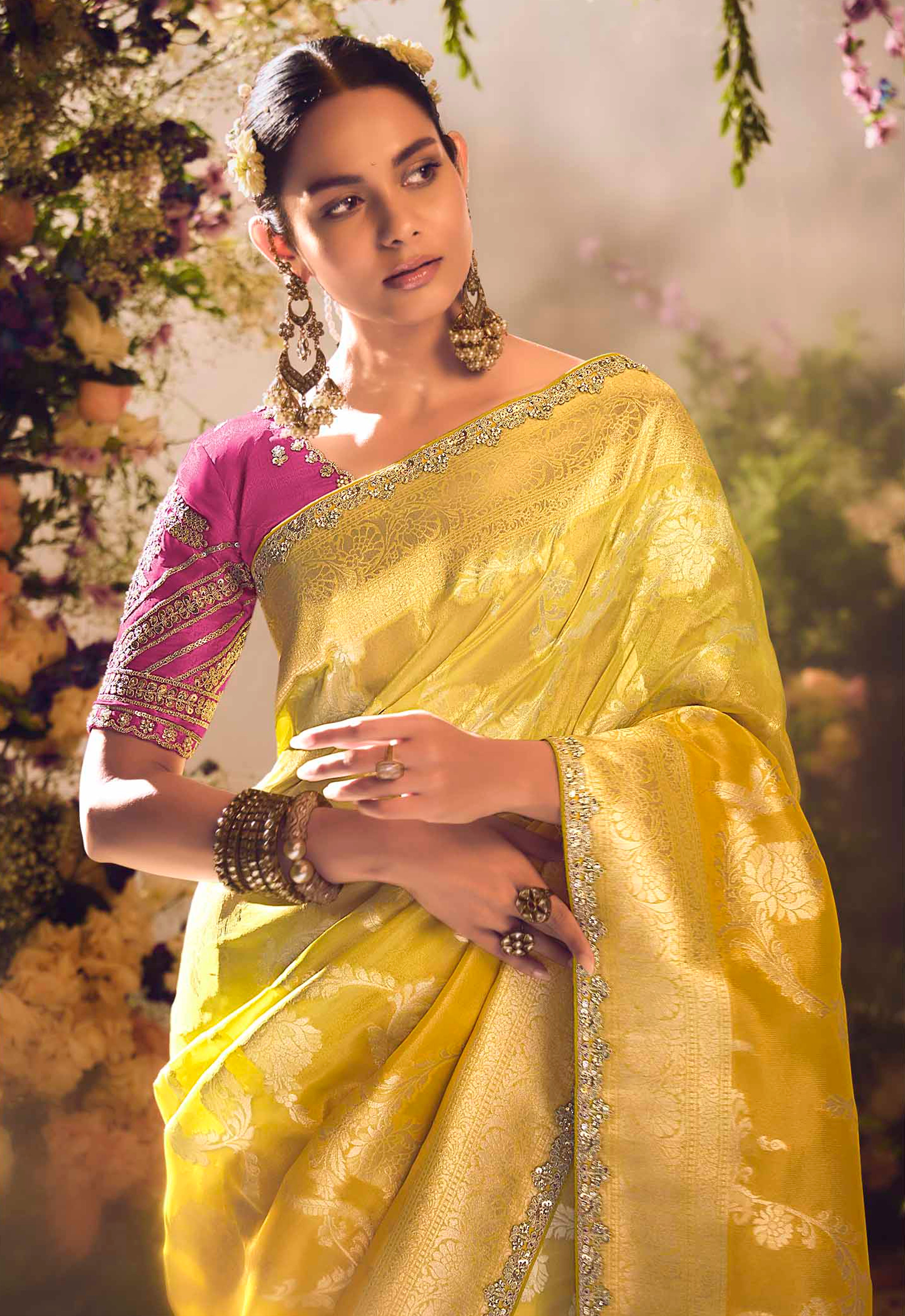Mustard Saree With Jacquard Woven Work with Embroidered Lace Border
