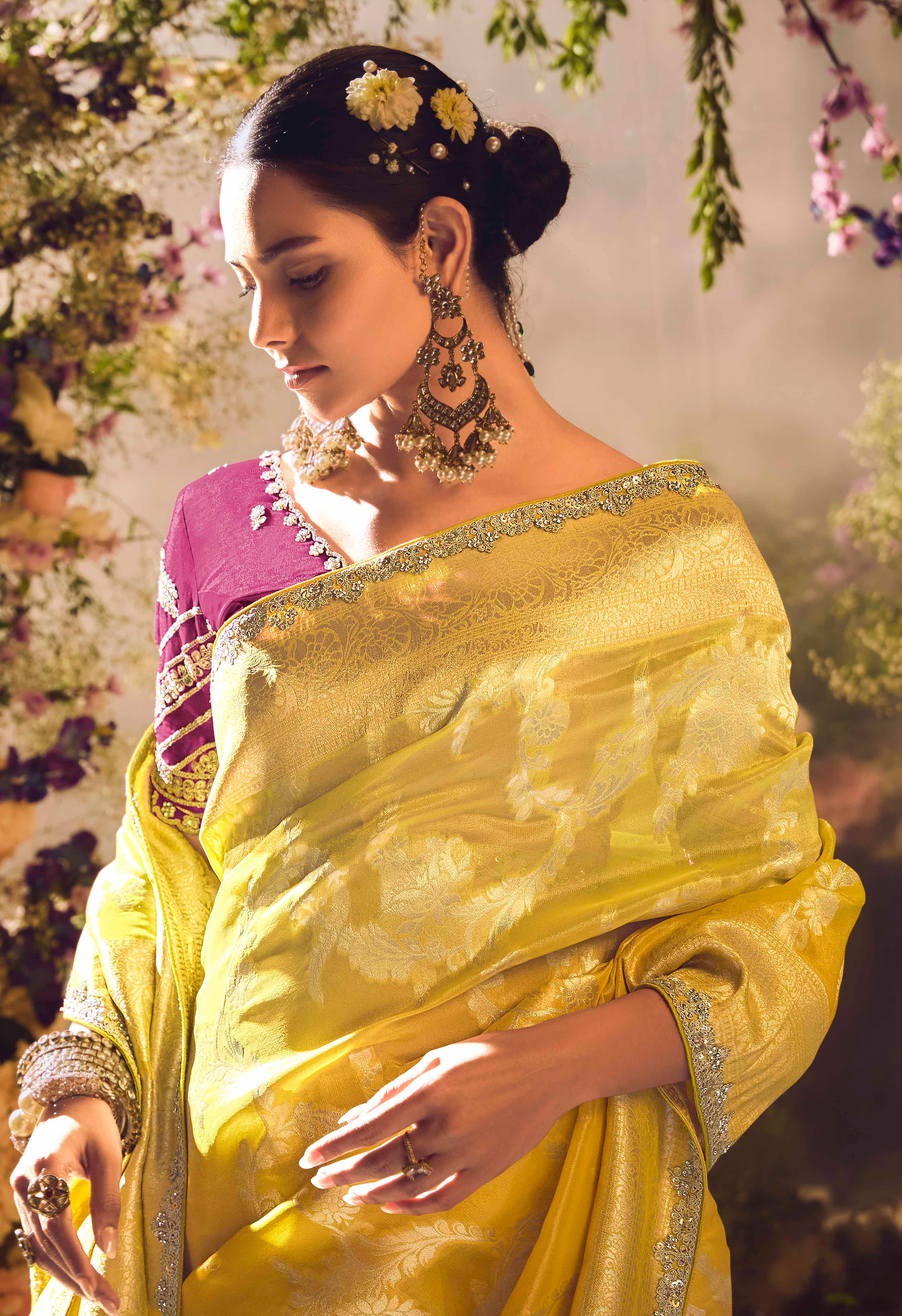 Mustard Saree With Jacquard Woven Work with Embroidered Lace Border