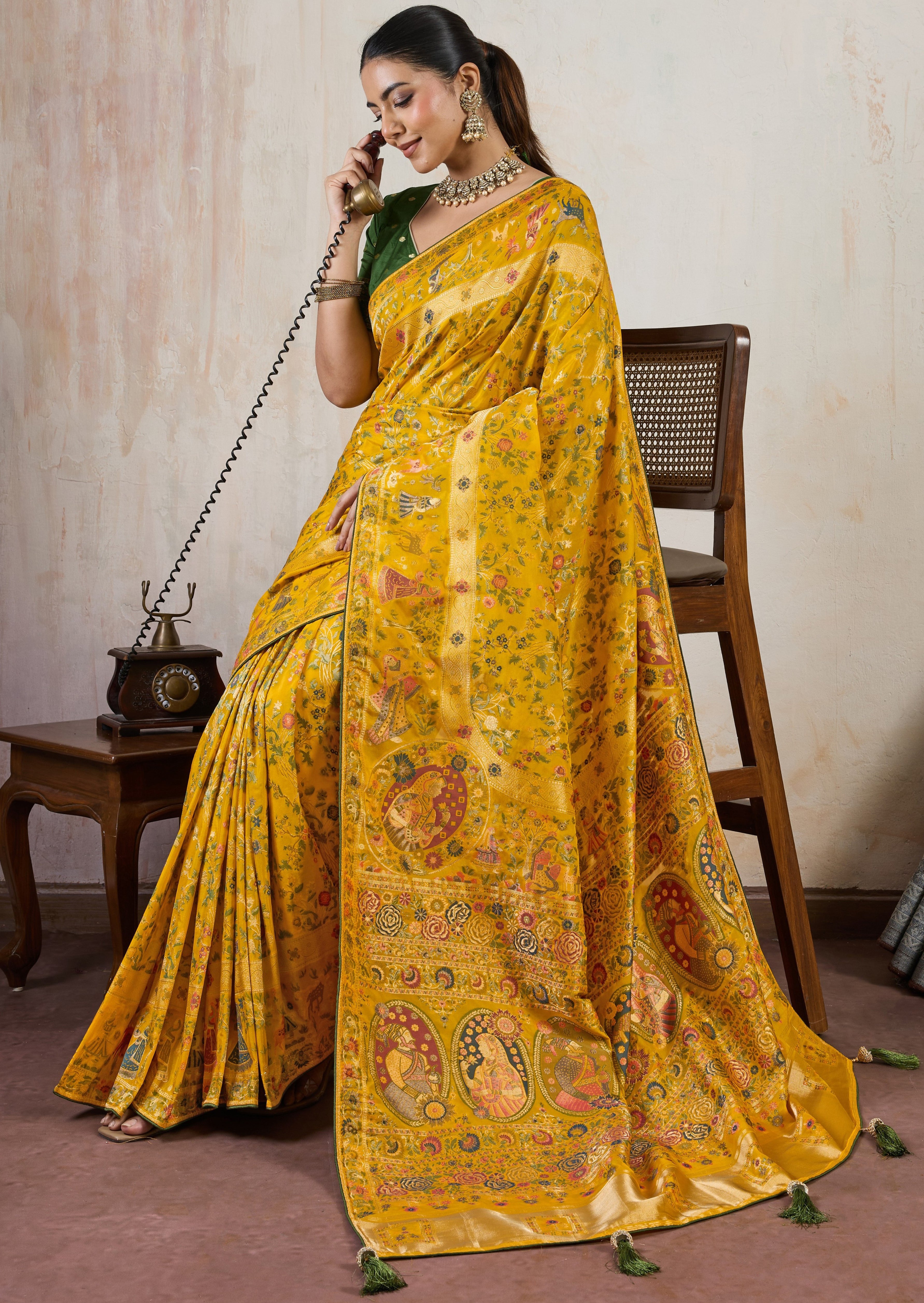 Mustard Saree With Meenakari with 3 Zari Shades & 8 Color Thread Shades, Creating a Masterpiece