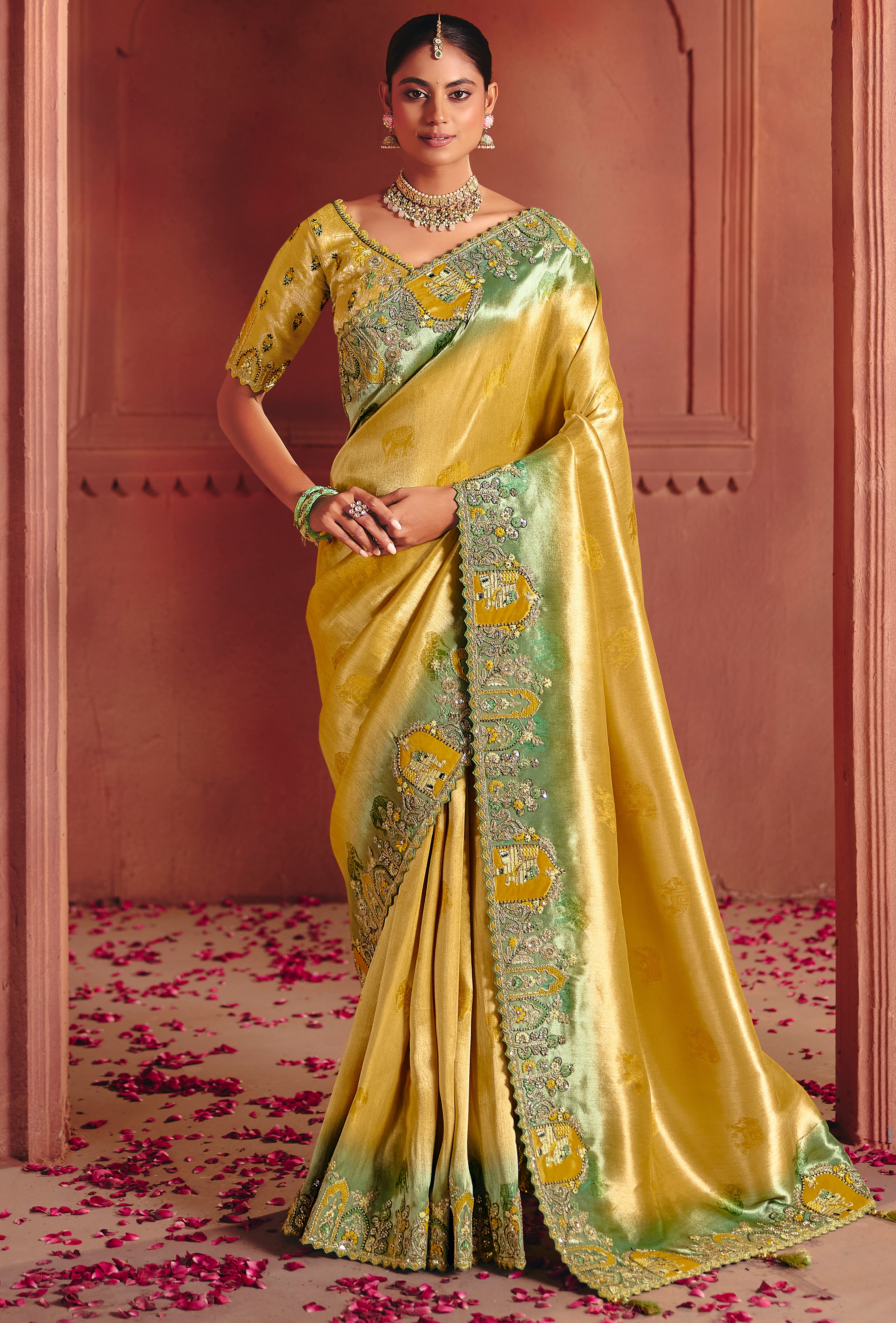 Mustard Saree With Sequin, Thread, Weaving Heavy Embroidery Work With Heavy Embroidery Work Blouse