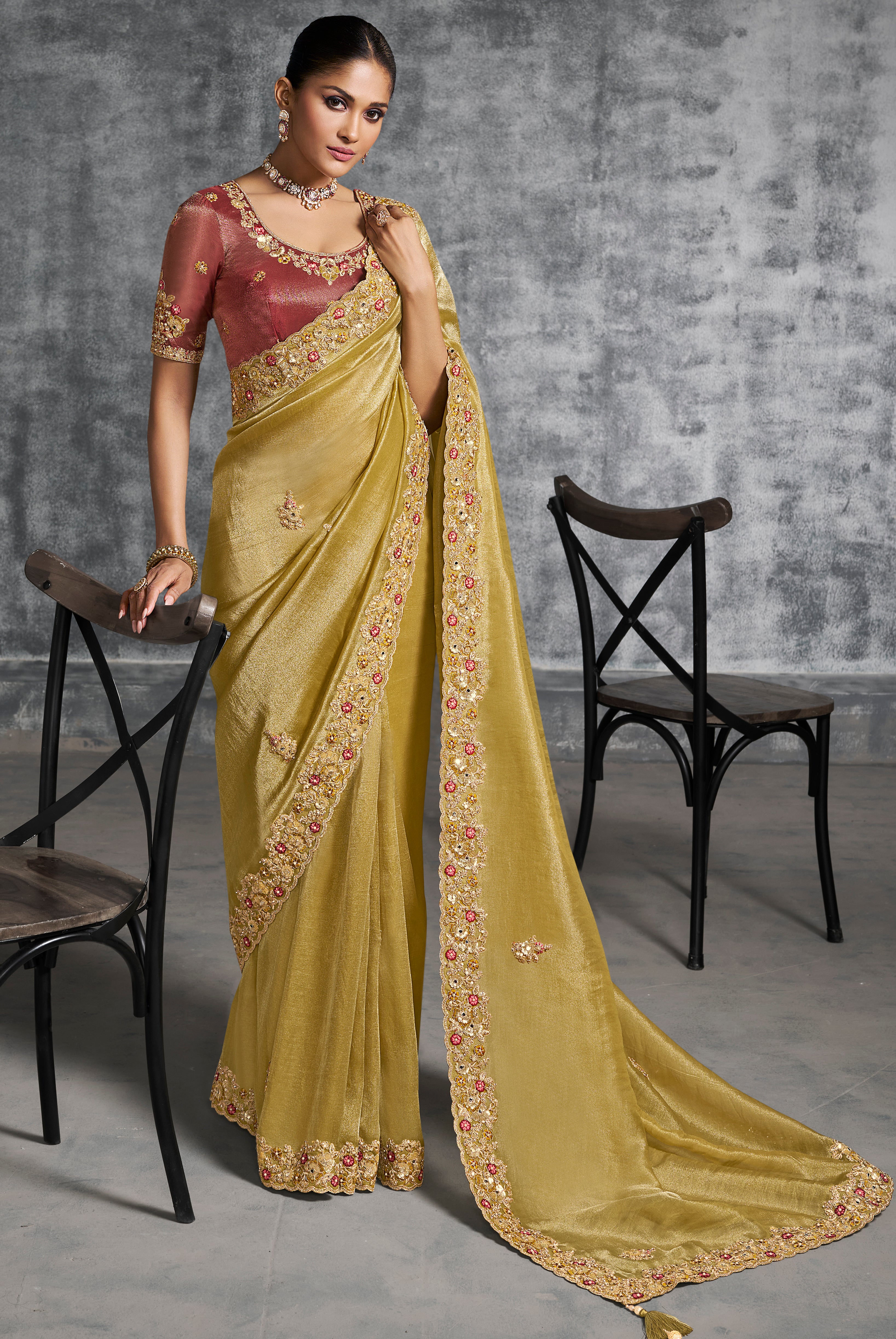 Mustard Saree With Thread Embroidery Work ,Hand-Finished Stone & Mirror work With Embroidery Blouse
