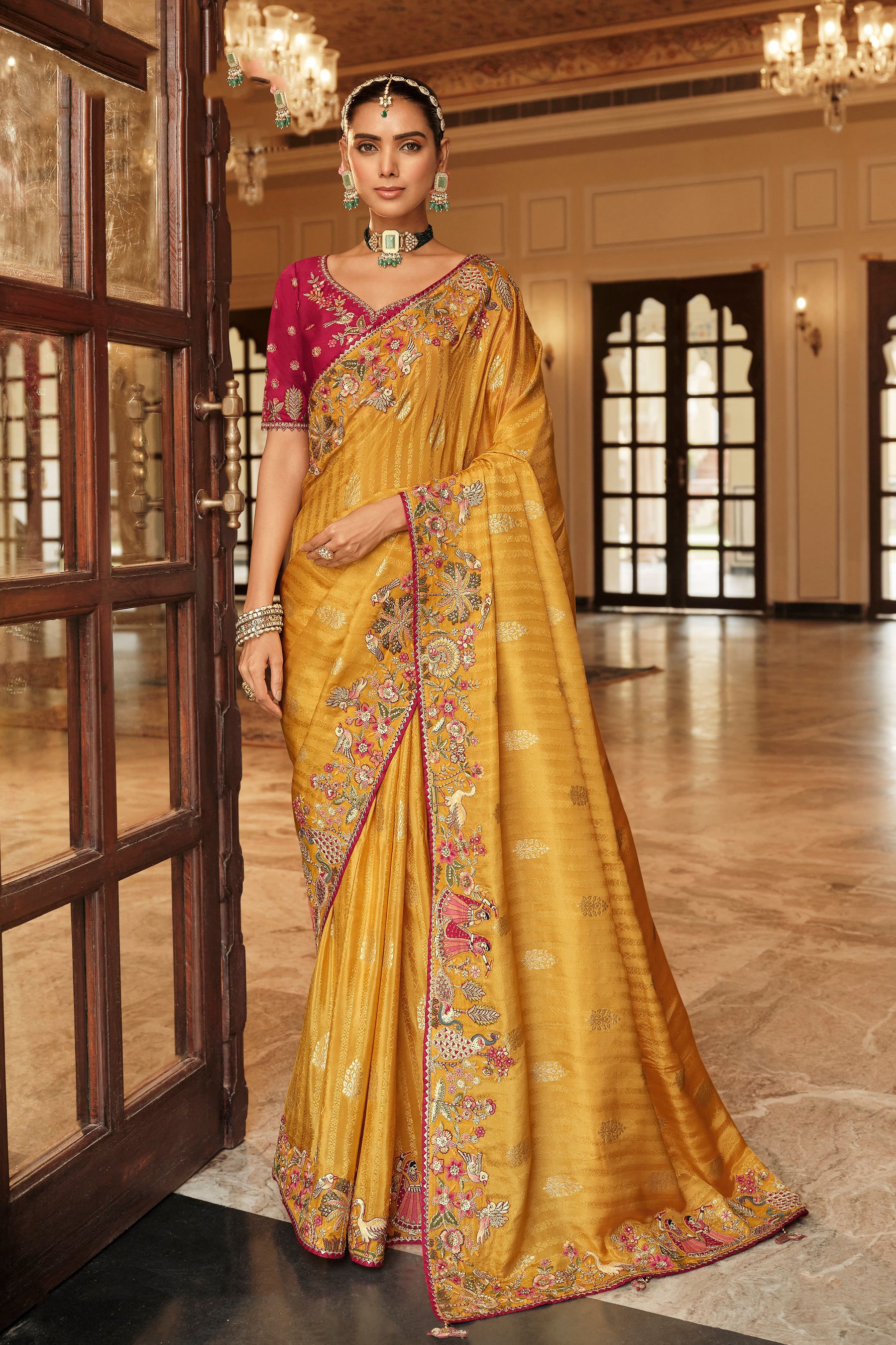 Mustard Saree With Zari weaving With Heavy Thread Embroidery With khatli work