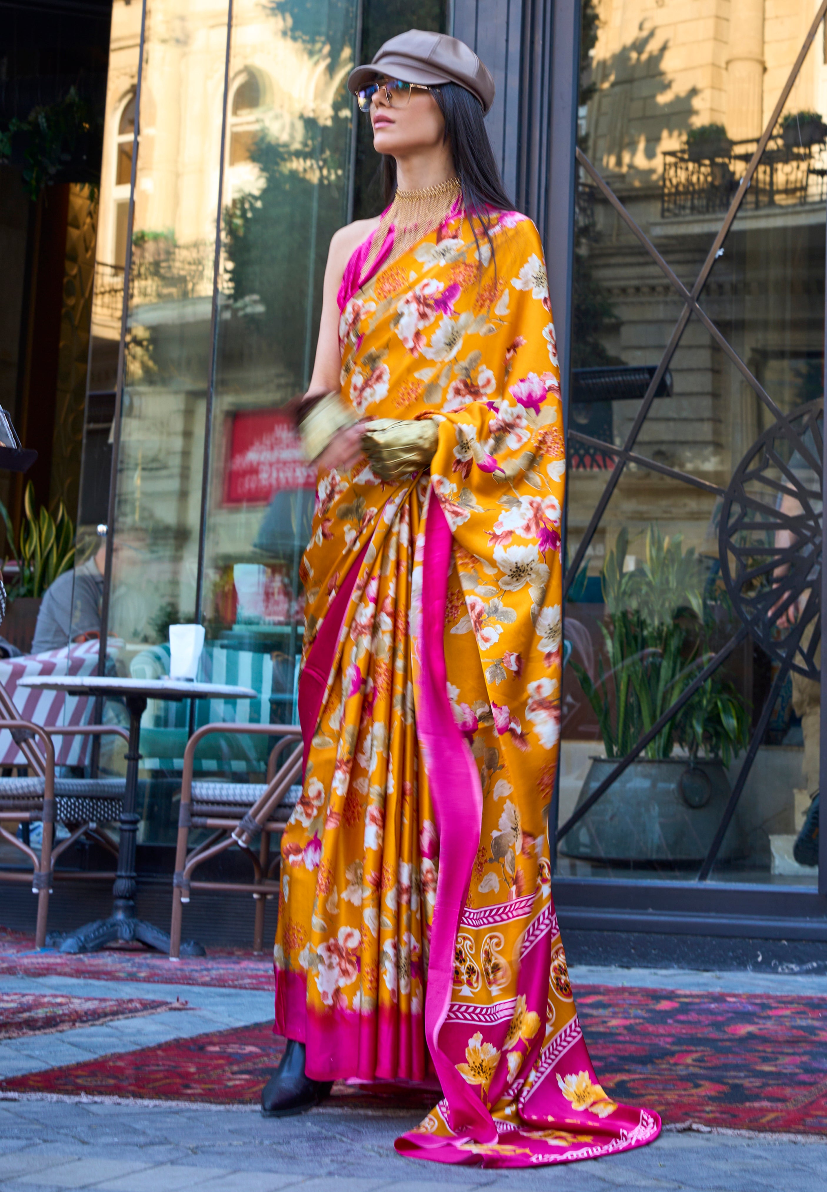 Mustard Satin Saree With Digital Print