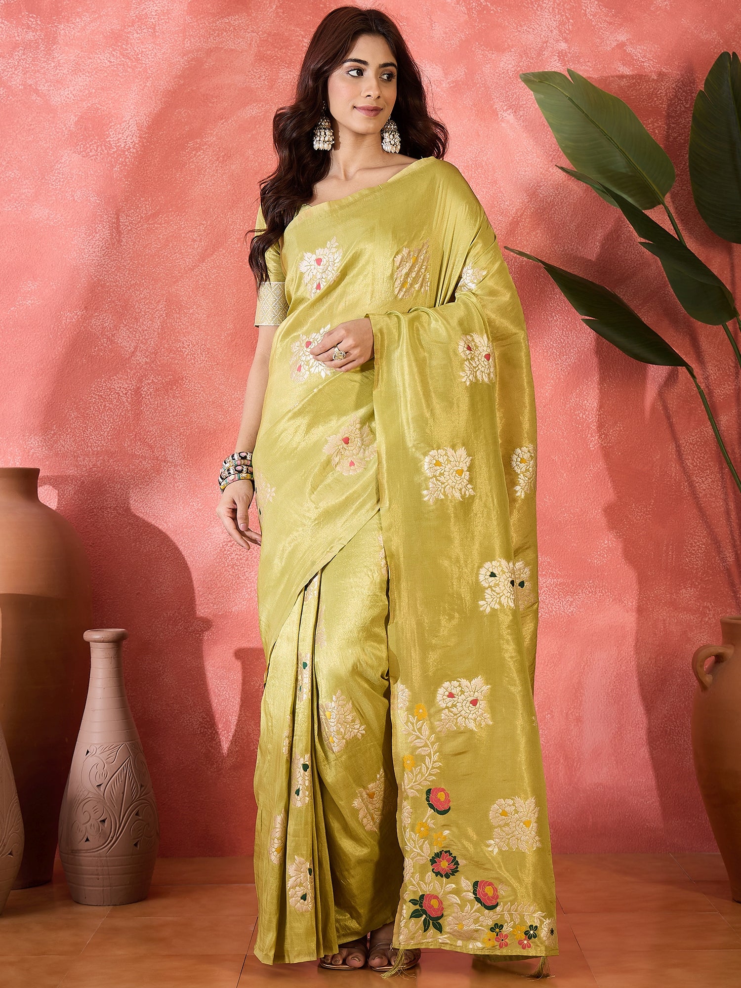 Mustard Shimmer Silk Woven Jacquard Designer Traditional Partywear Saree