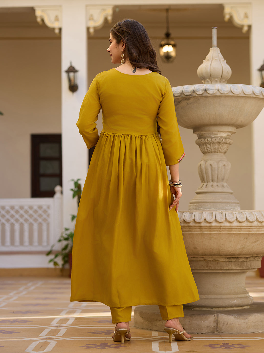 Mustard Silk Kurta Pant Set With Heavy Thread Embroidery Work