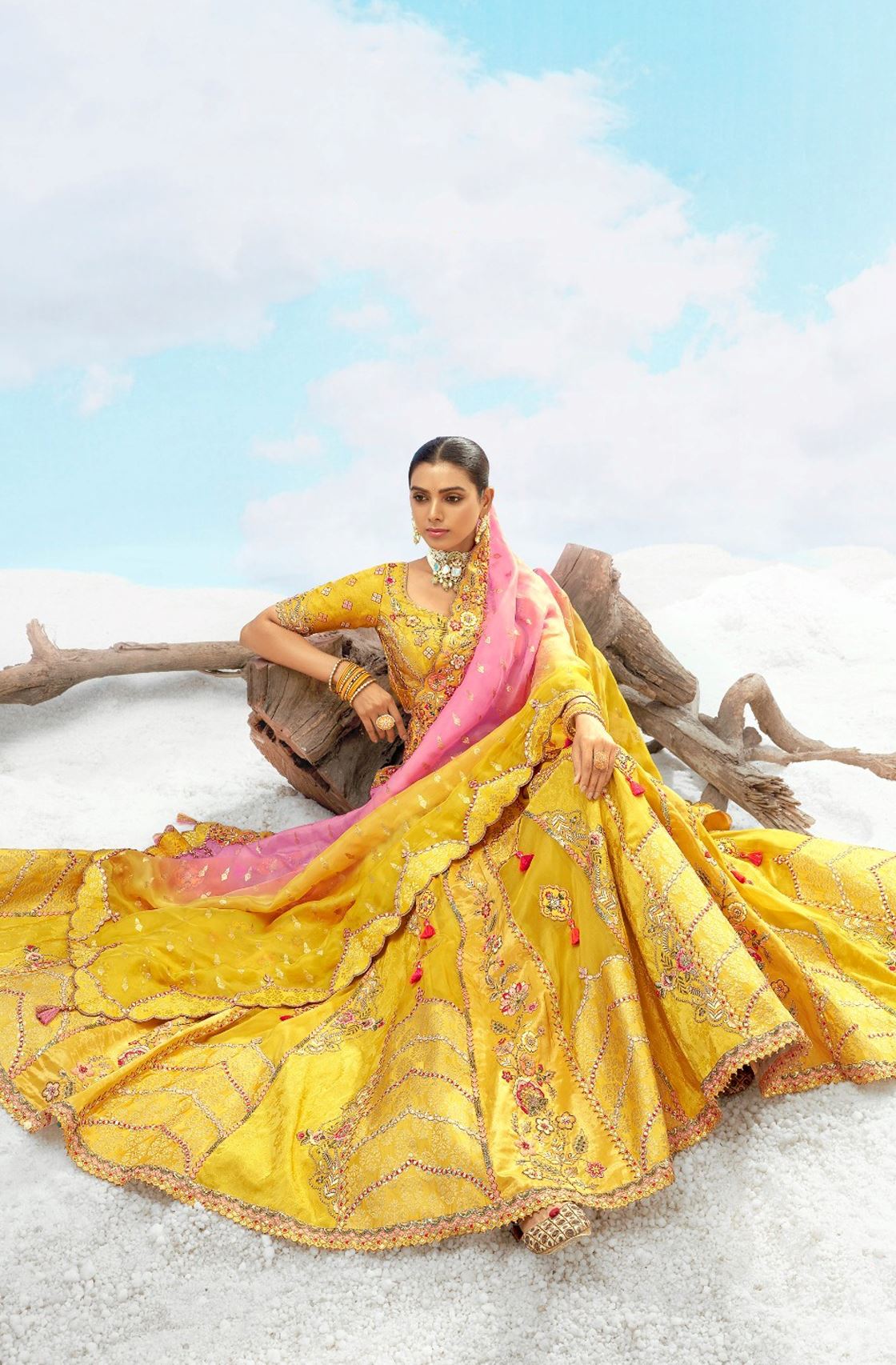 Mustard Silk Lehenga Choli With Heavy Thread Embroidery, Zari With Sequins Work