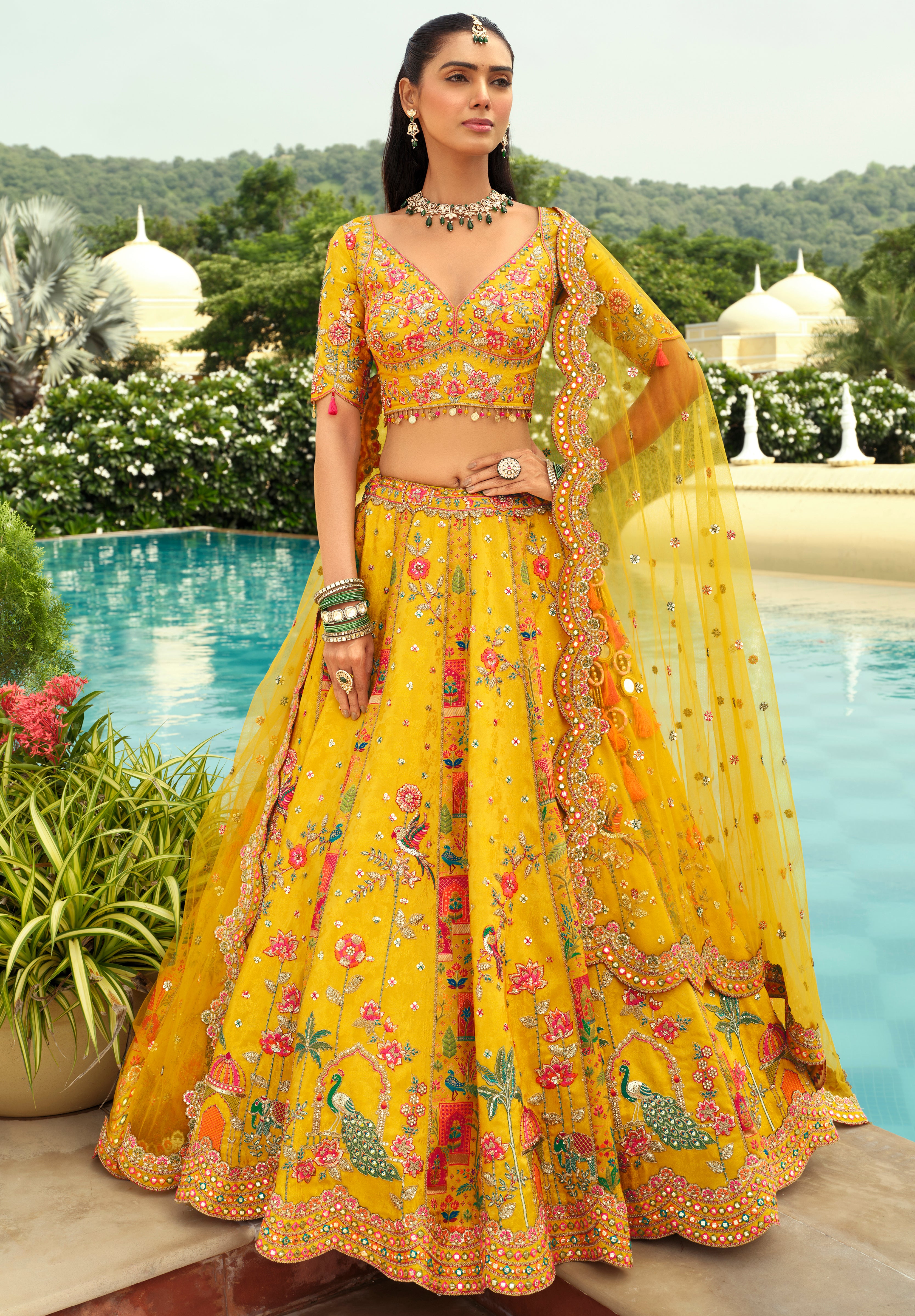 Mustard Silk Readymade Lehenga Choli With Heavy Thread Embroidery, Sequence, Border Weaving, Art Mirror and Cut Work