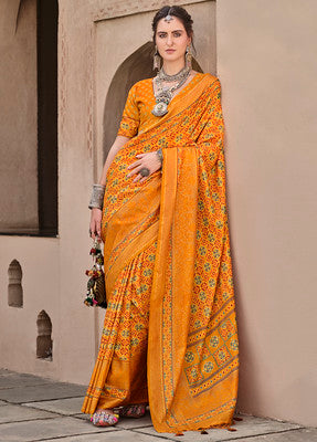 Mustard Silk Saree With Ajrakh Print