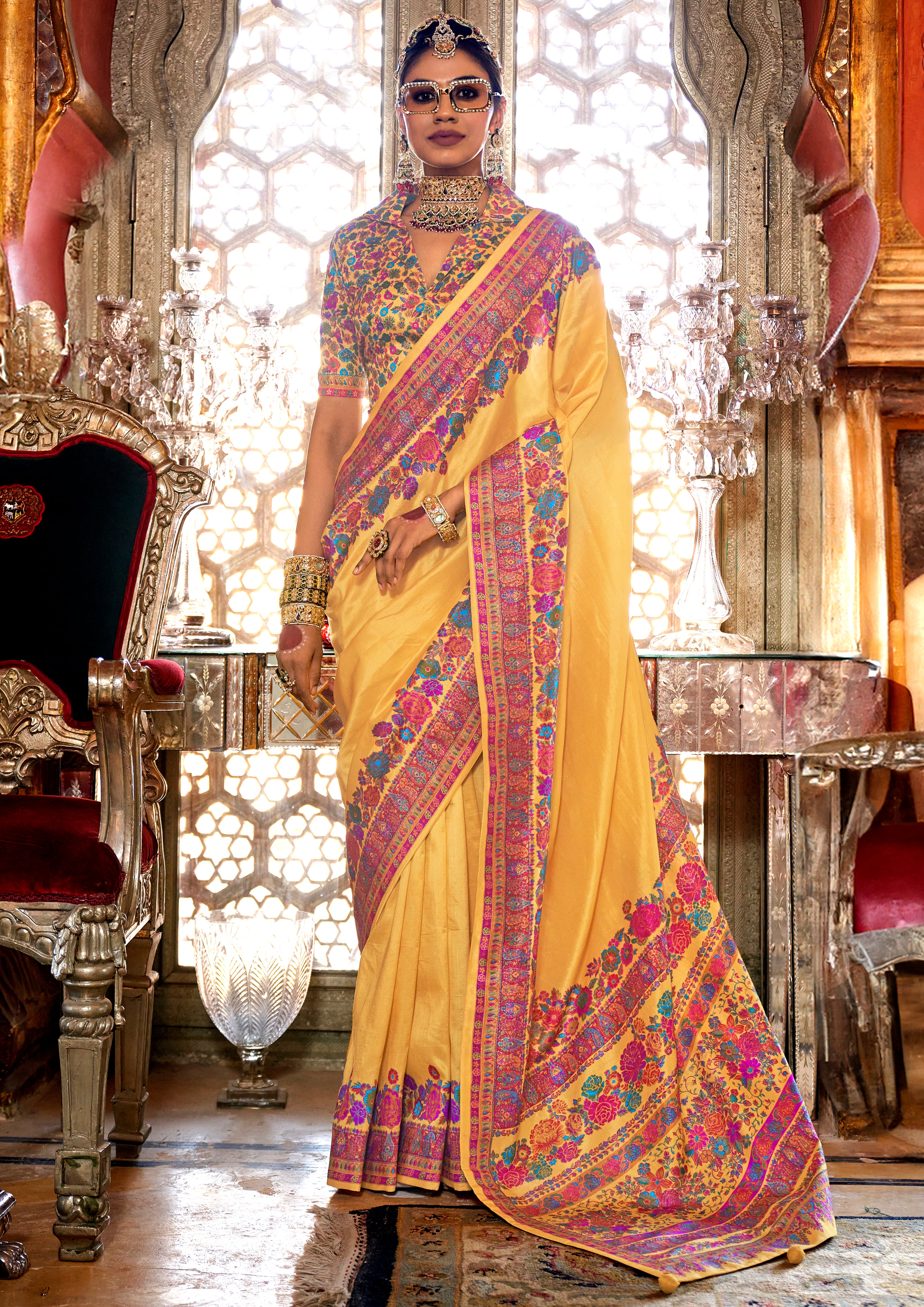 Mustard Silk Saree With Floral Print