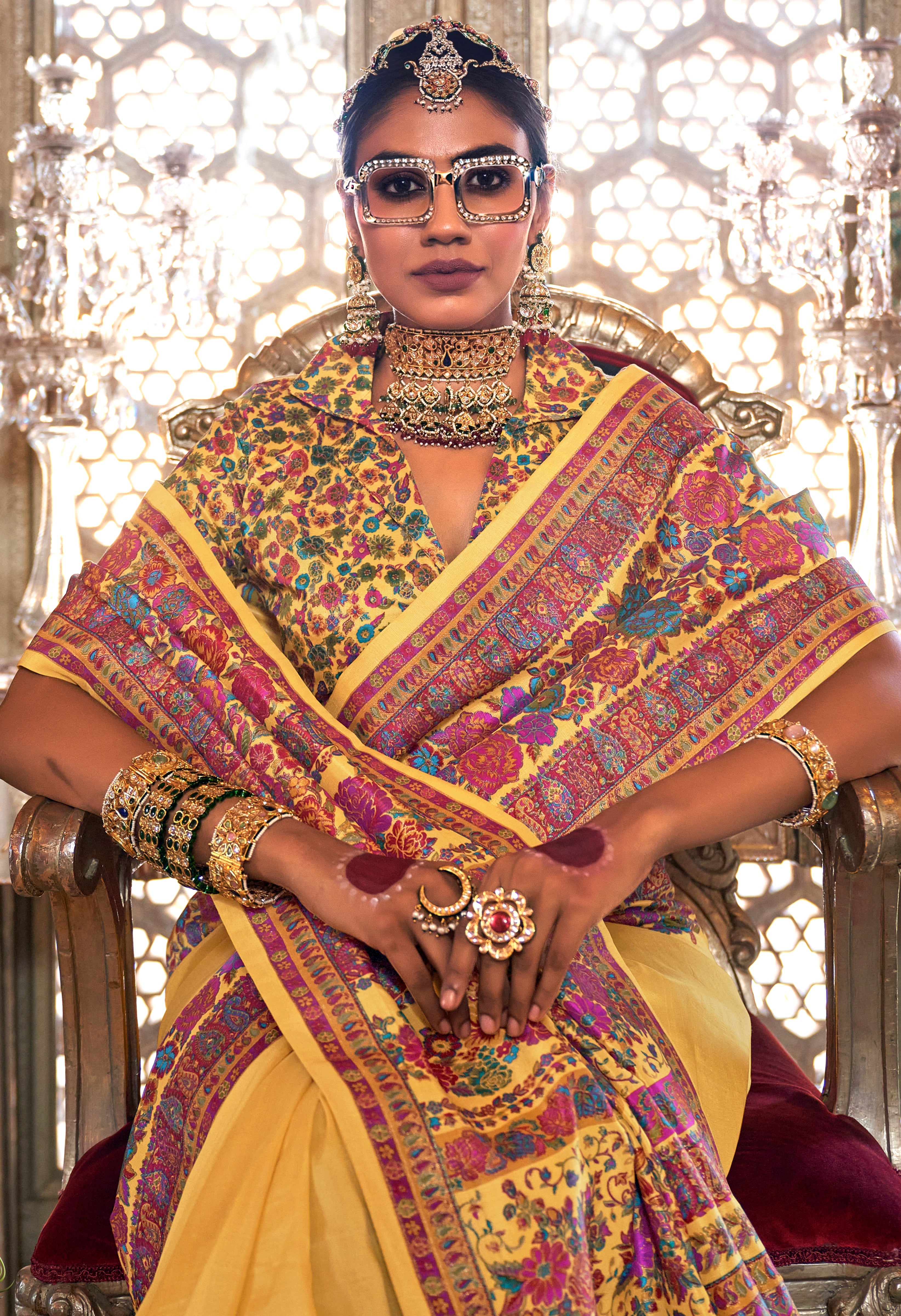 Mustard Silk Saree With Floral Print