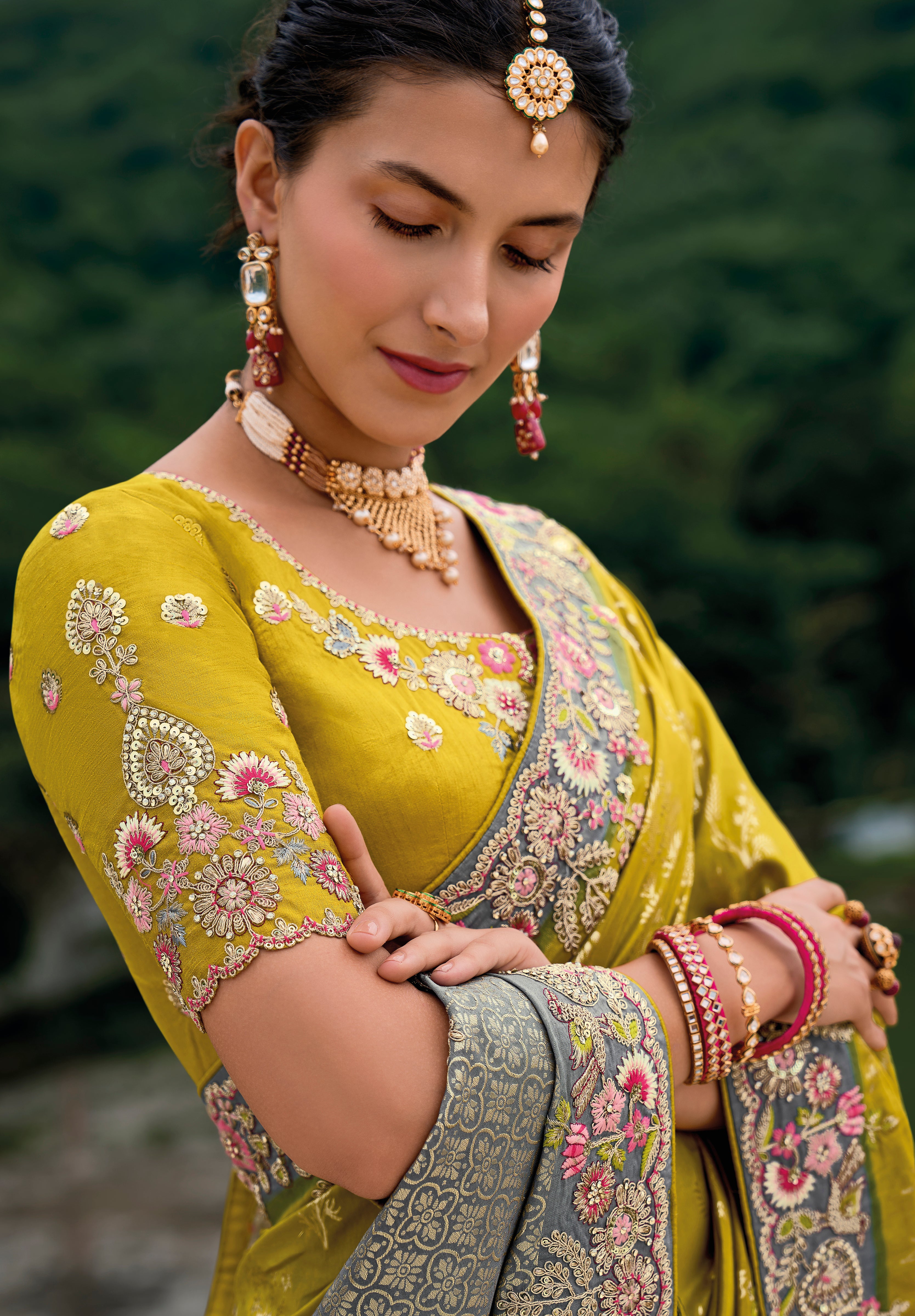 Mustard Silk Saree With Jacquard Woven and Embroidery Work