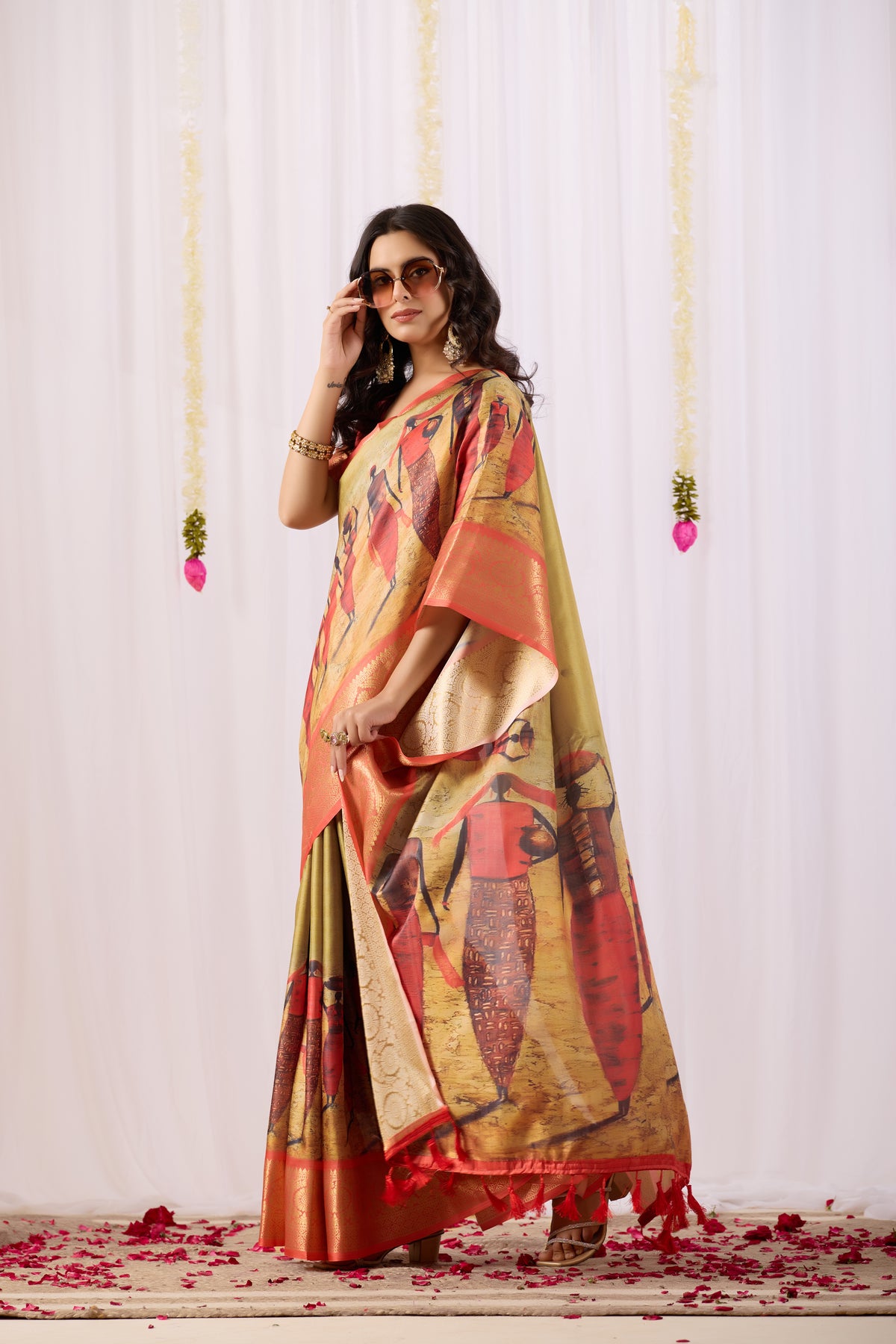 Mustard Soft Lichi Silk Saree With Digital Printed Festive Traditional Saree