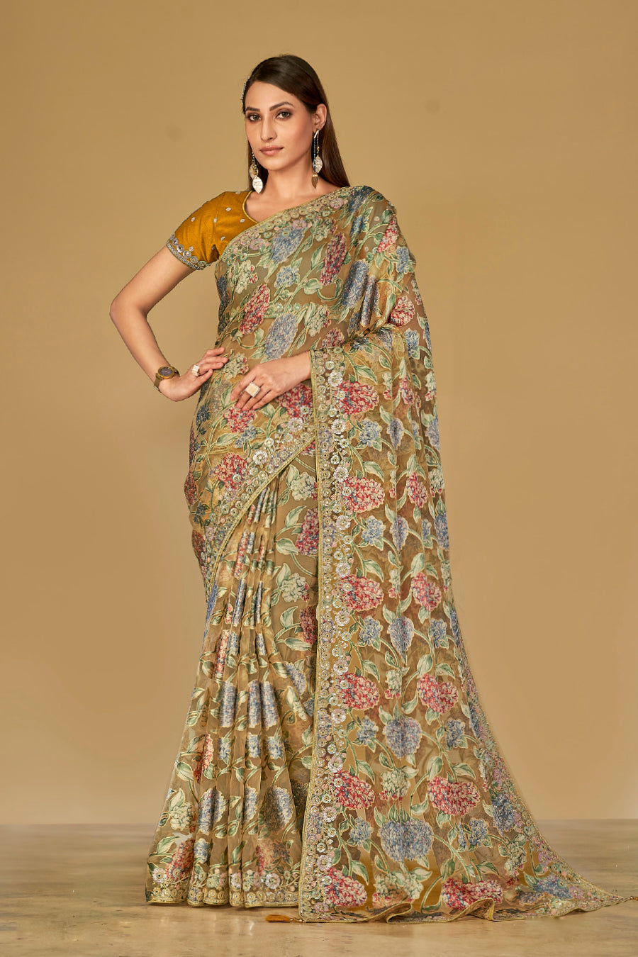 Mustard Soft Organza Brasso Saree With Printed Saree With Piping, Embroidery Sequins Work