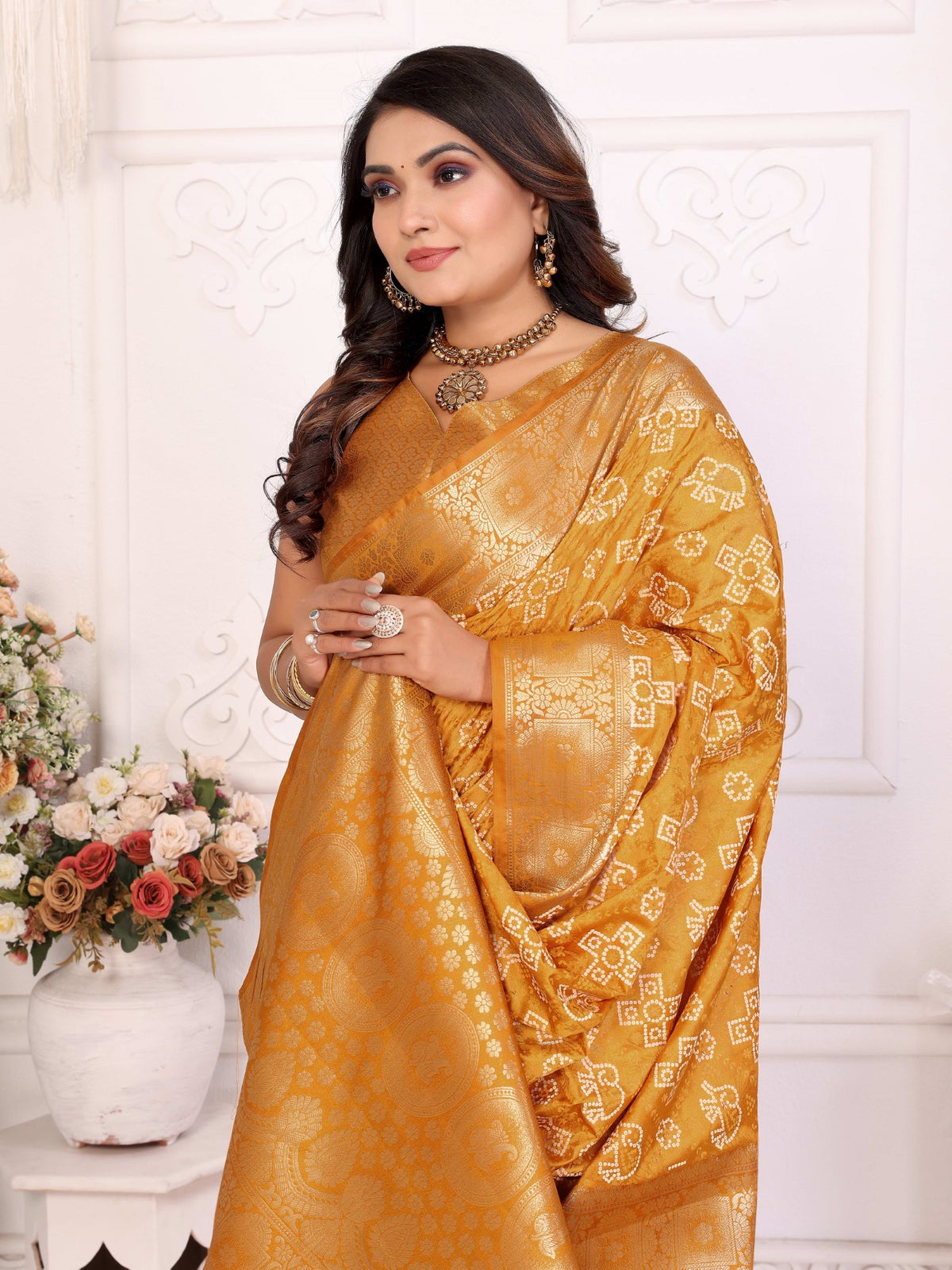 Mustard Soft Satin Silk Saree With Elegant Allover Zari Weaving