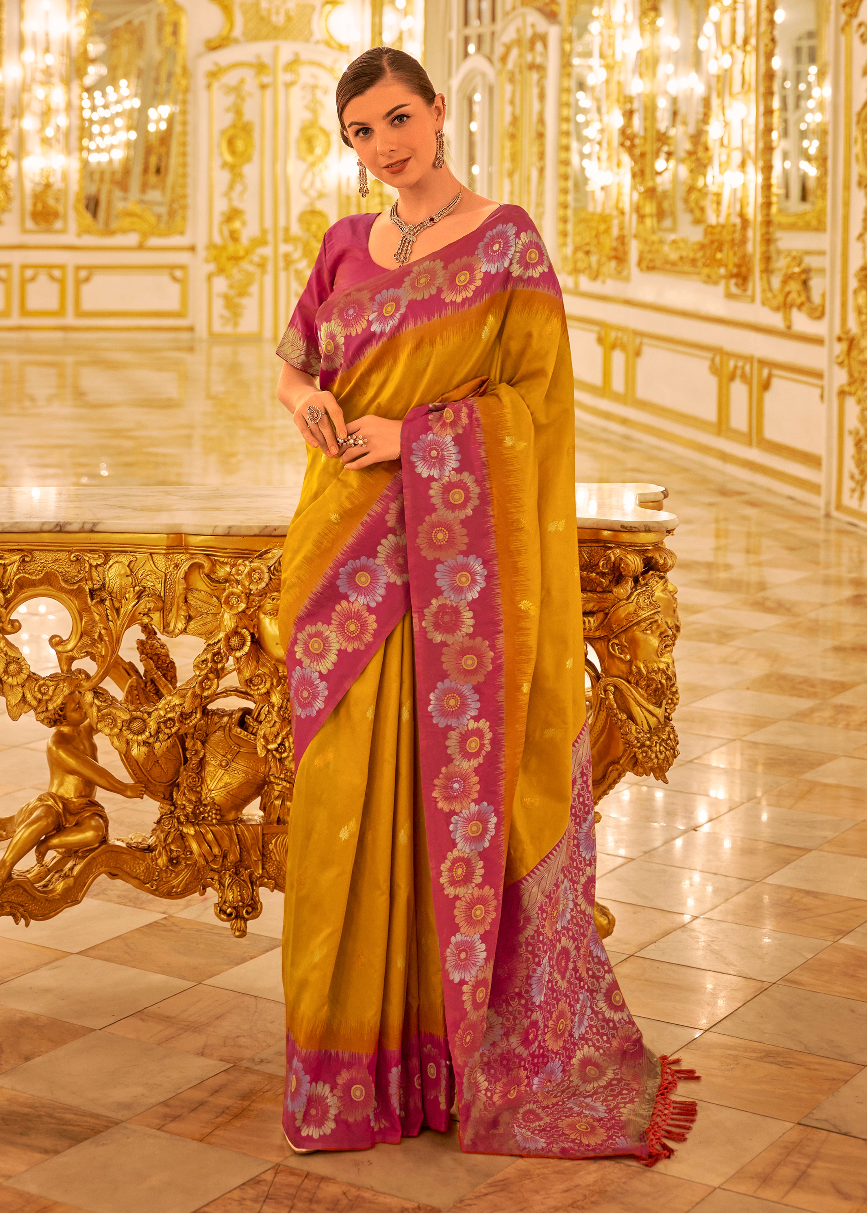 Mustard Soft Silk Saree With Jacquard Woven Work